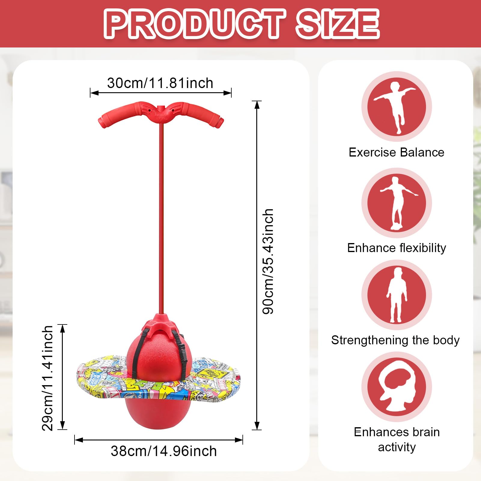 Pogo z uchwytami, 100 kg, zrównoważone i skoordynowane bouncing pogo, uchwyty są regulowane, dla dzieci i dorosłych, do treningu równowagi (czerwone)
