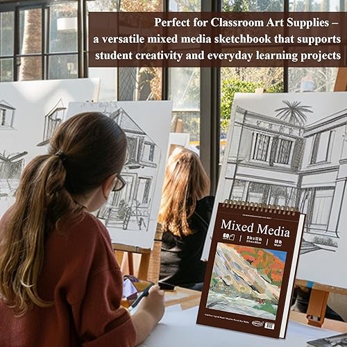 Miniatura 8 de Cuaderno de bocetos para medios mixtos de 9" x 12" - Cuaderno de bocetos multimedia de tapa dura, encuadernado en espiral, 60 hojas de papel
