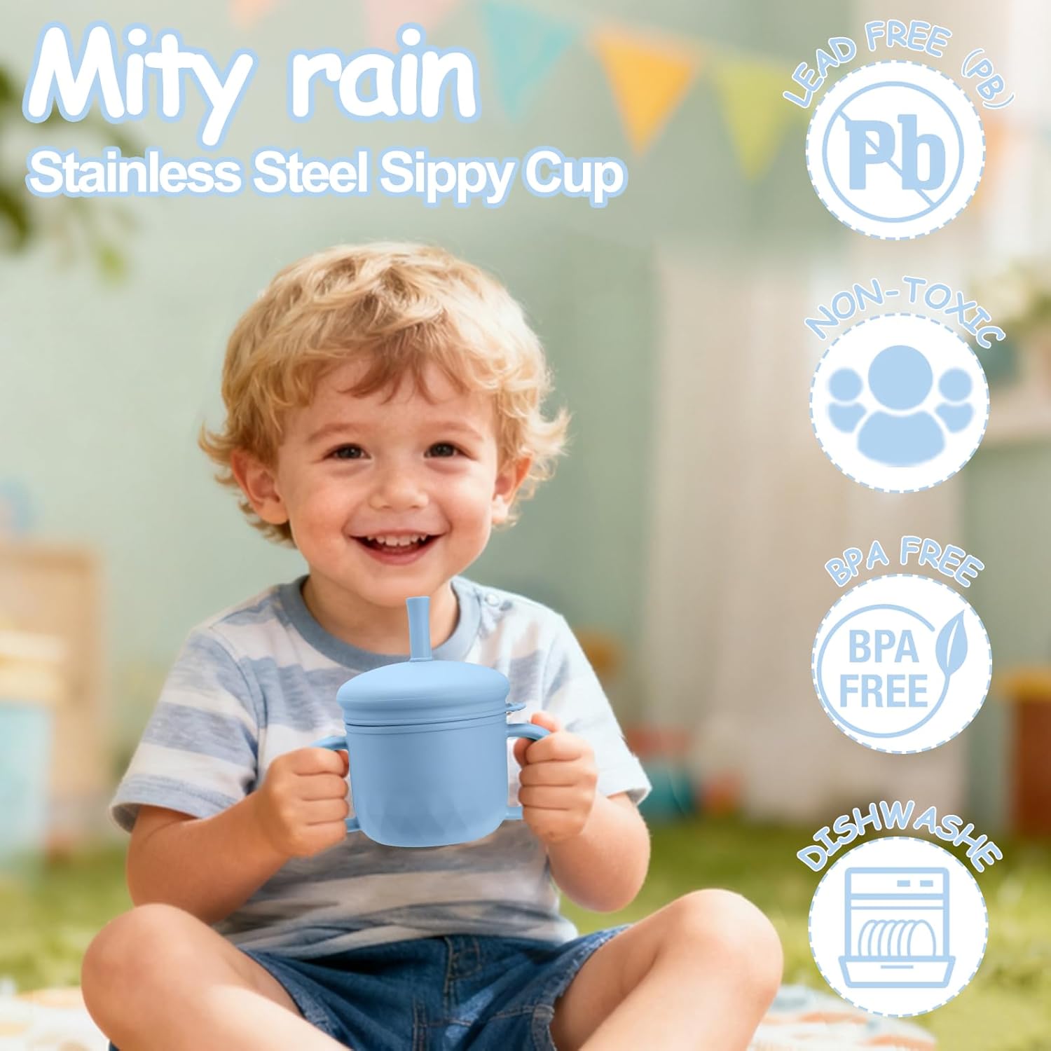 Mity rain 3-In-1 Stainless Steel Sippy Cup for 6+ Month Old, Baby Straw Cups for Toddlers 1-3 with Travel Lid, Silicone Straw, Replacement Straw & Cleaning Brush - 8oz Toddler Cups Spill Proof Set - Image 2