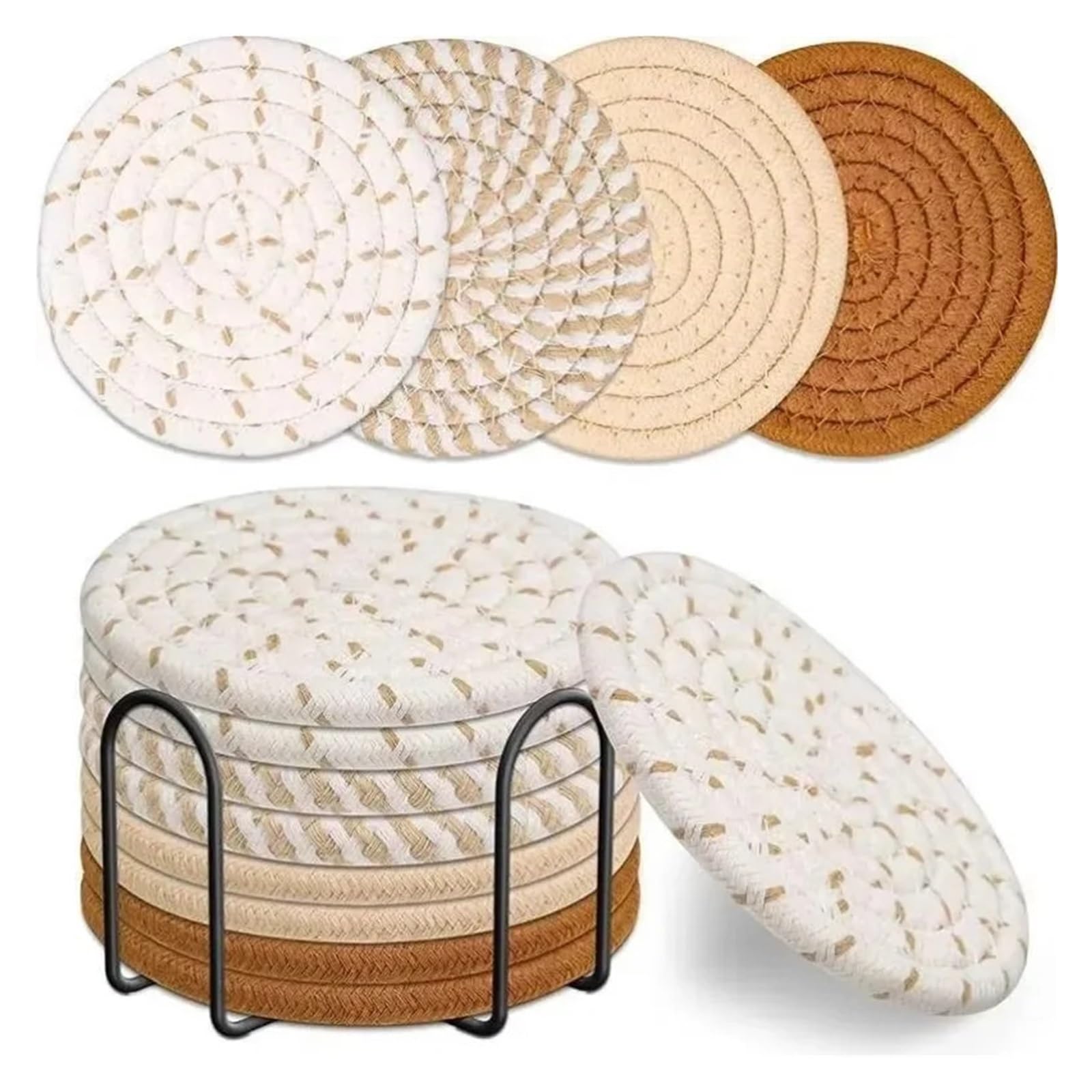 Insulated Coasters 2Sets Bohemian Style Cotton Rope Woven Placemat Household Thick Insulated Coaster Hand Linen with Storage Rack