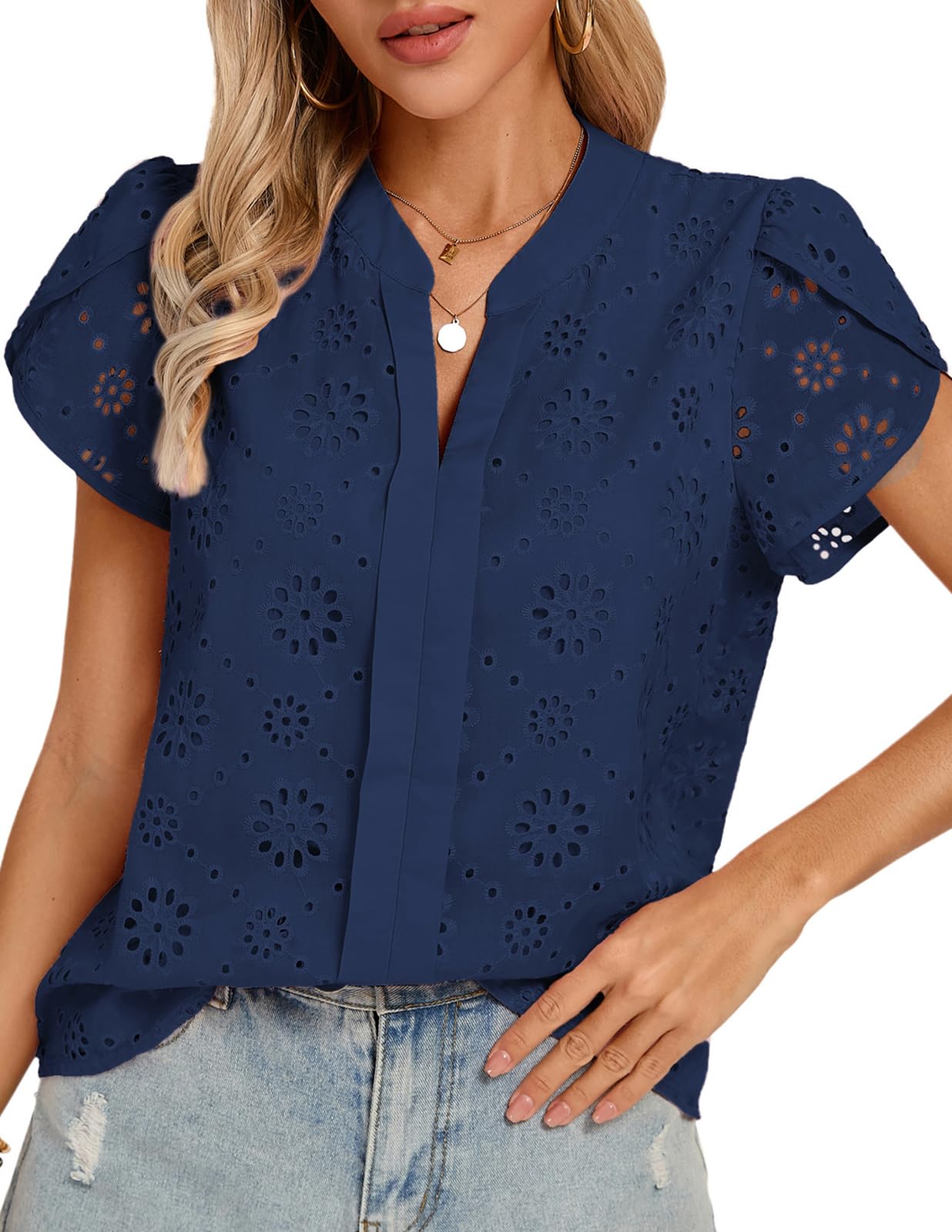 Kate Kasin Women Eyelet Spring Summer Tops, Dressy Casual Petal Short Sleeves Shirts, V Neck Lace Embroidered Blouses