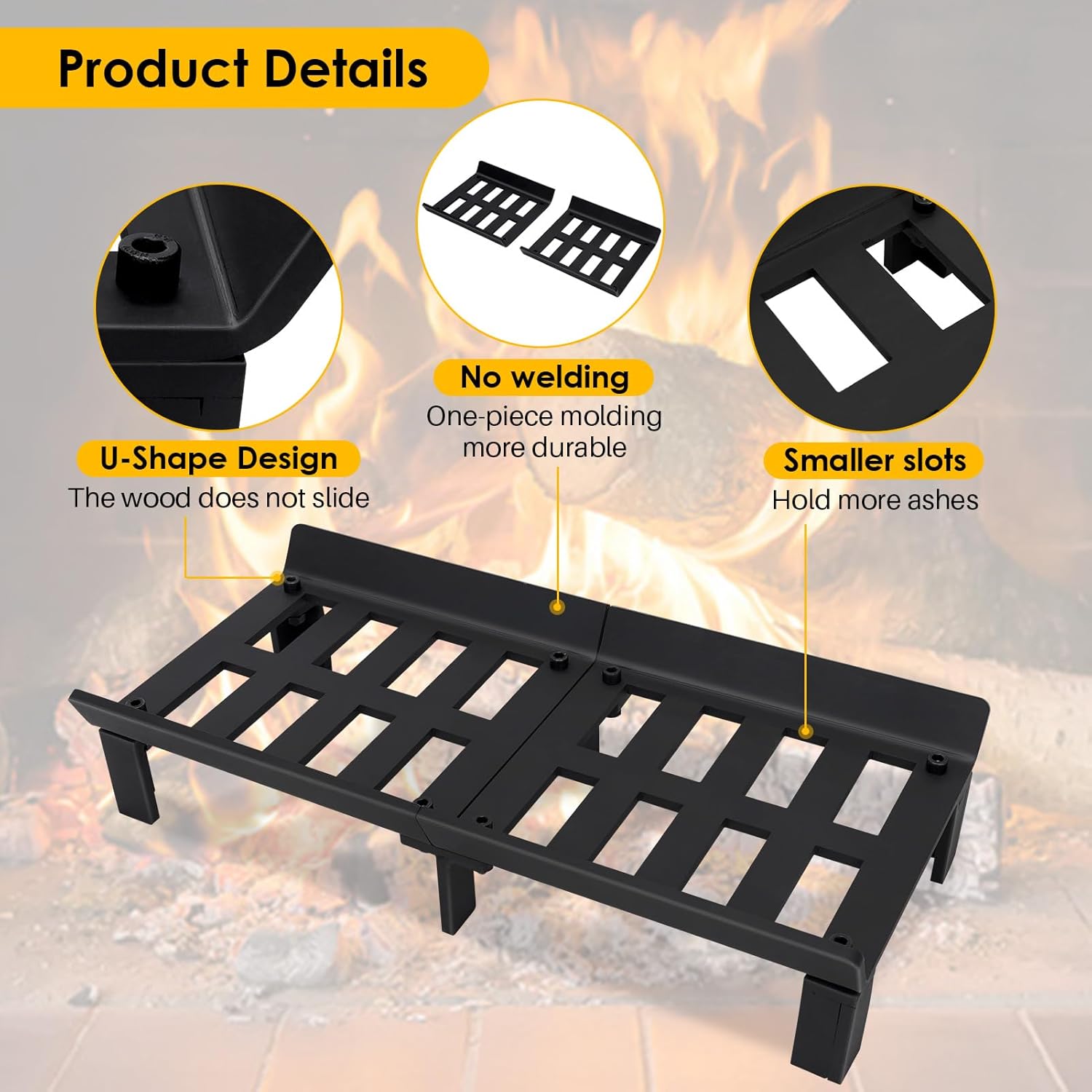 STBoo Fireplace Grate 20inch - Wood Stove Grates Heavy Duty | Fireplace Log Holder | Firewood Log Burning Wrought Iron Rack | Fire Pit Tray for Indoor Chimney Hearth & Outdoor Kindling Tool
