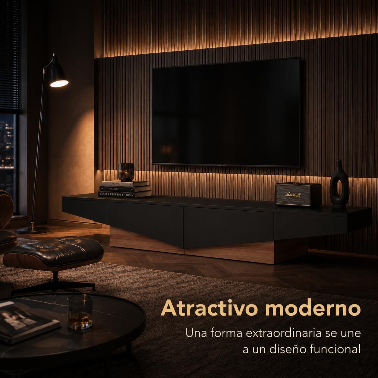 Mueble bajo para televisión Negro con Aspecto de Madera, Mesa de TV de 200 cm con cajones, Moderno Armario de TV con Espacio de Almacenamiento, Mueble bajo para Sala de Estar, Mueble