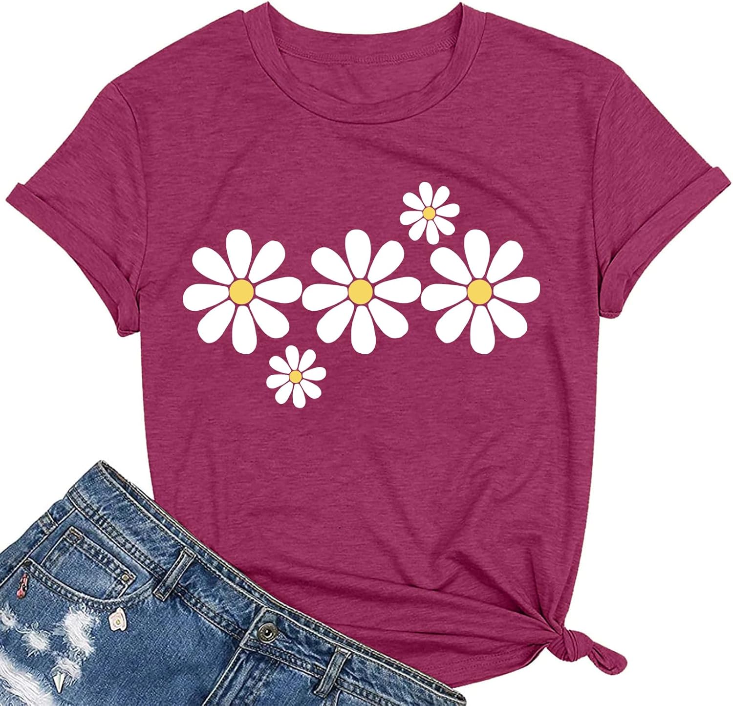 Daisy Flower Shirt for Women Crewneck Graphic Tee Short Sleeve Floral Tops