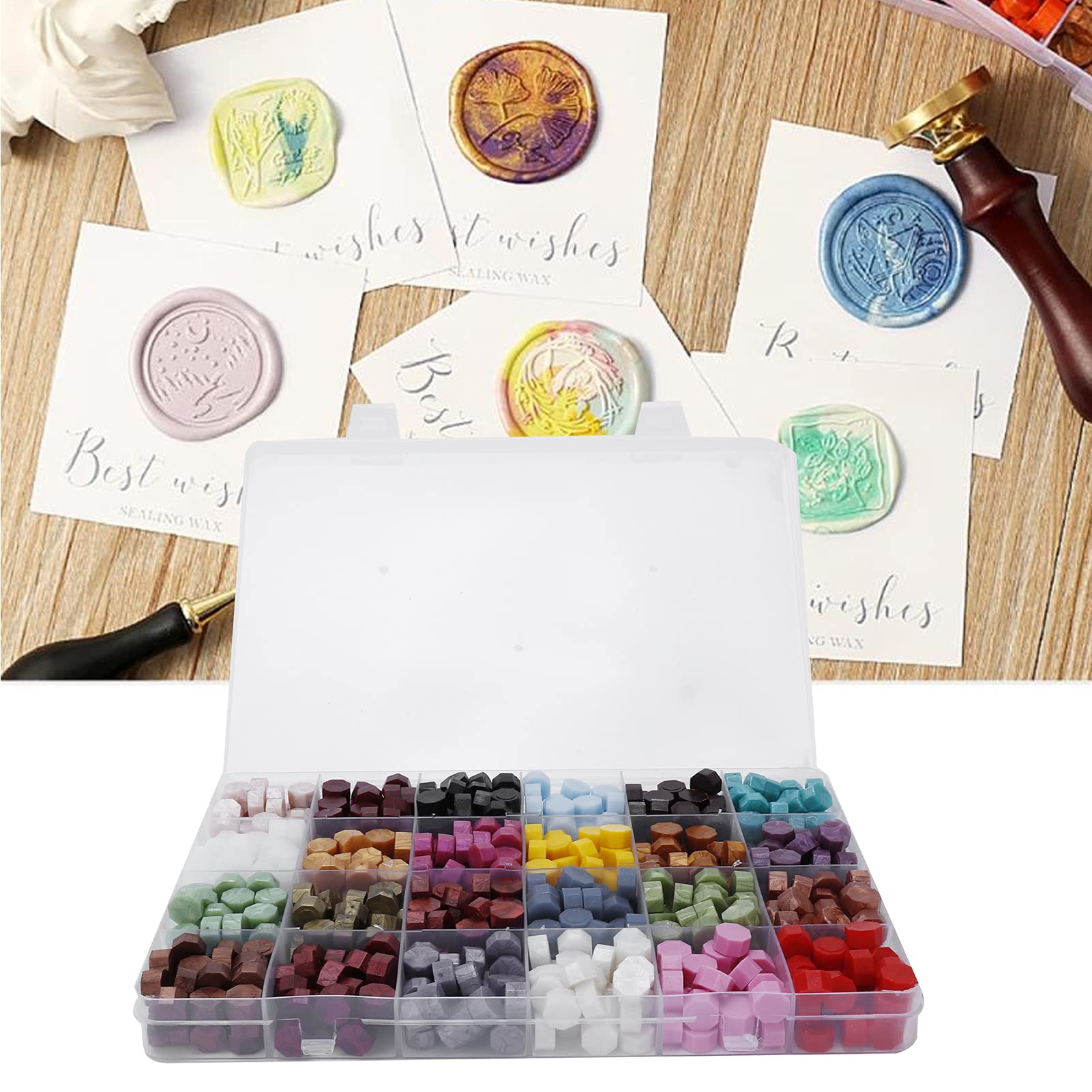 Kit di Perline di Ceralacca da 24 Colori, con Cucchiaio per Sciogliere e Timbro di Cera per Buste Artigianali