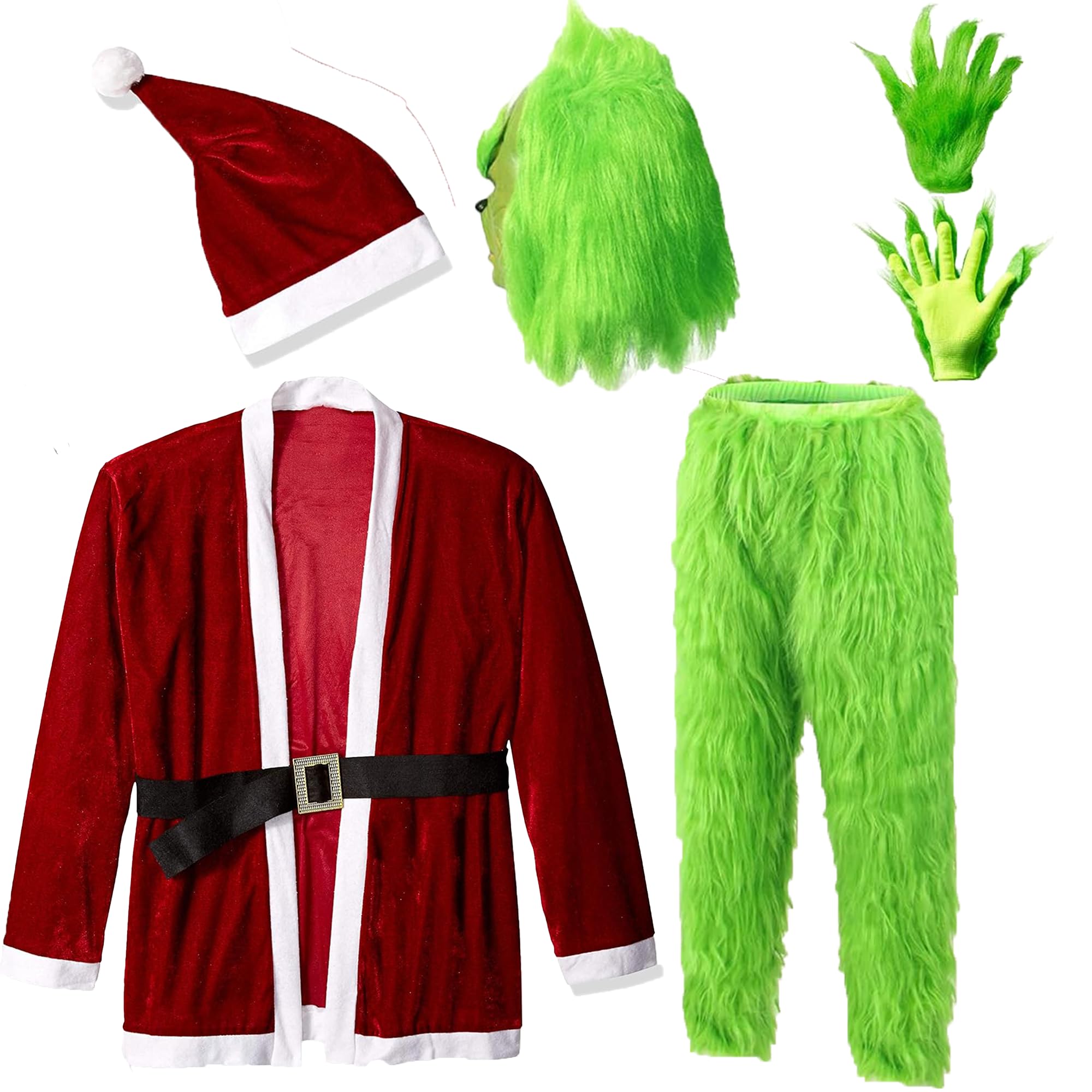 Carnavalife Disfraz navidad, traje de monstruo verde, disfraz papa noel para Hombre Adulto, Ropa de Papá Noel con accesrorios, Cosplay de Navidad lujo Santa Claus Santa Claus