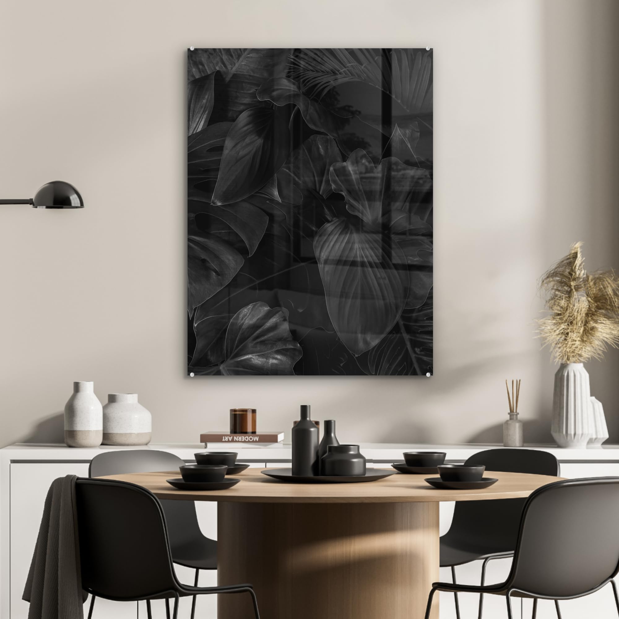 MuchoWow© Quadri Grande Formato 60x80 cm Mini Poster Parete Moderno Interno Stampa Foto Su Vetro Salotto Cornice Murale Arredamento Foglie - Nero - Piante - Scuro