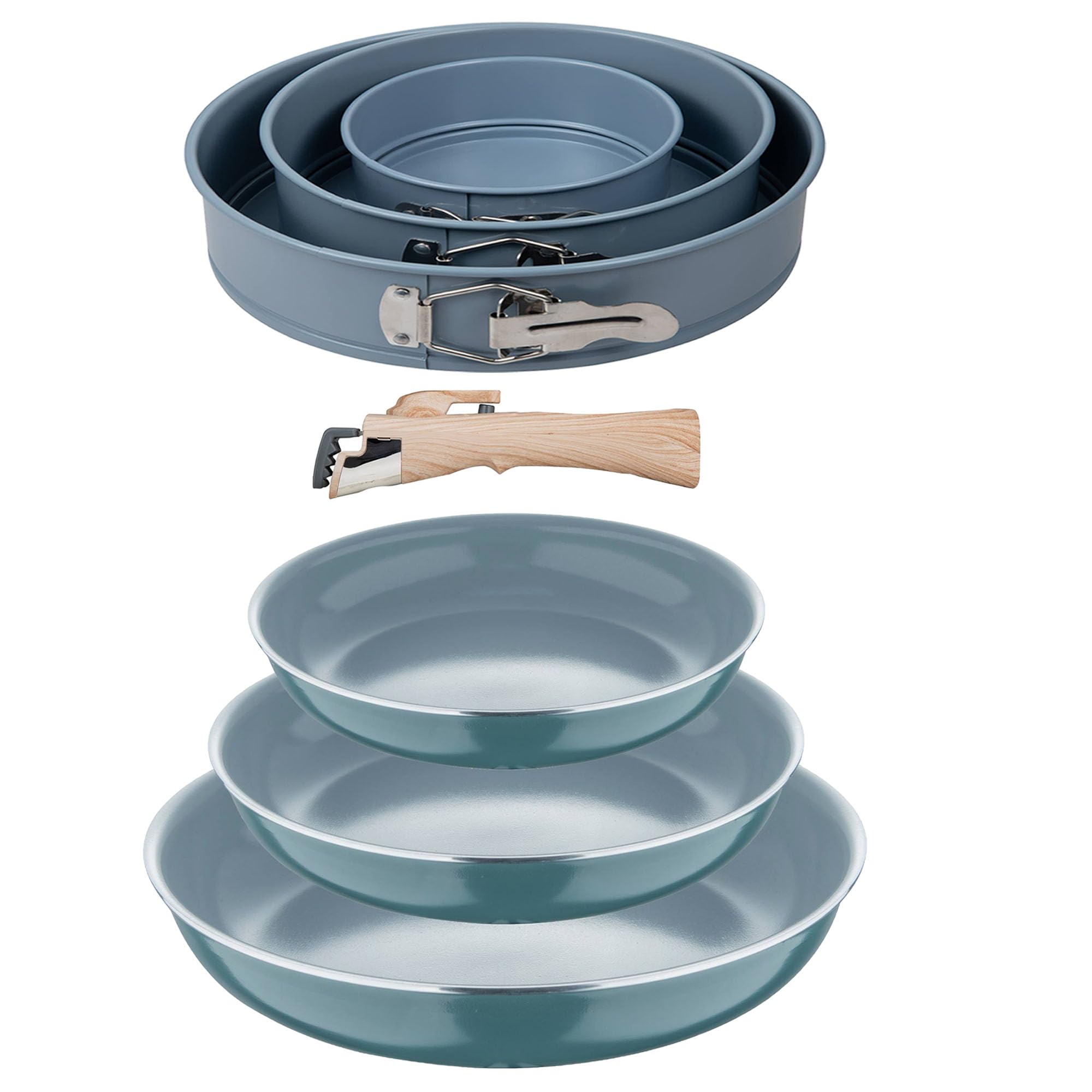 Bergner Click&Cook Juego de 3 Sartenes Ø18Ø20Ø24cm Aluminio prensado Verde con Mango extraíble+Juego de 3 moldes de horno redondos Ø12Ø18Ø22cm