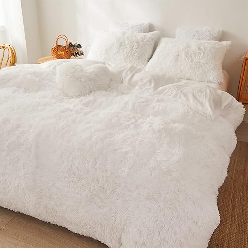 Miniatura 3 de Edredón blanco esponjoso tamaño Queen con relleno, edredón de felpa de pelo sintético suave, 3 piezas (1 edredón esponjoso + 2 fundas de almohada
