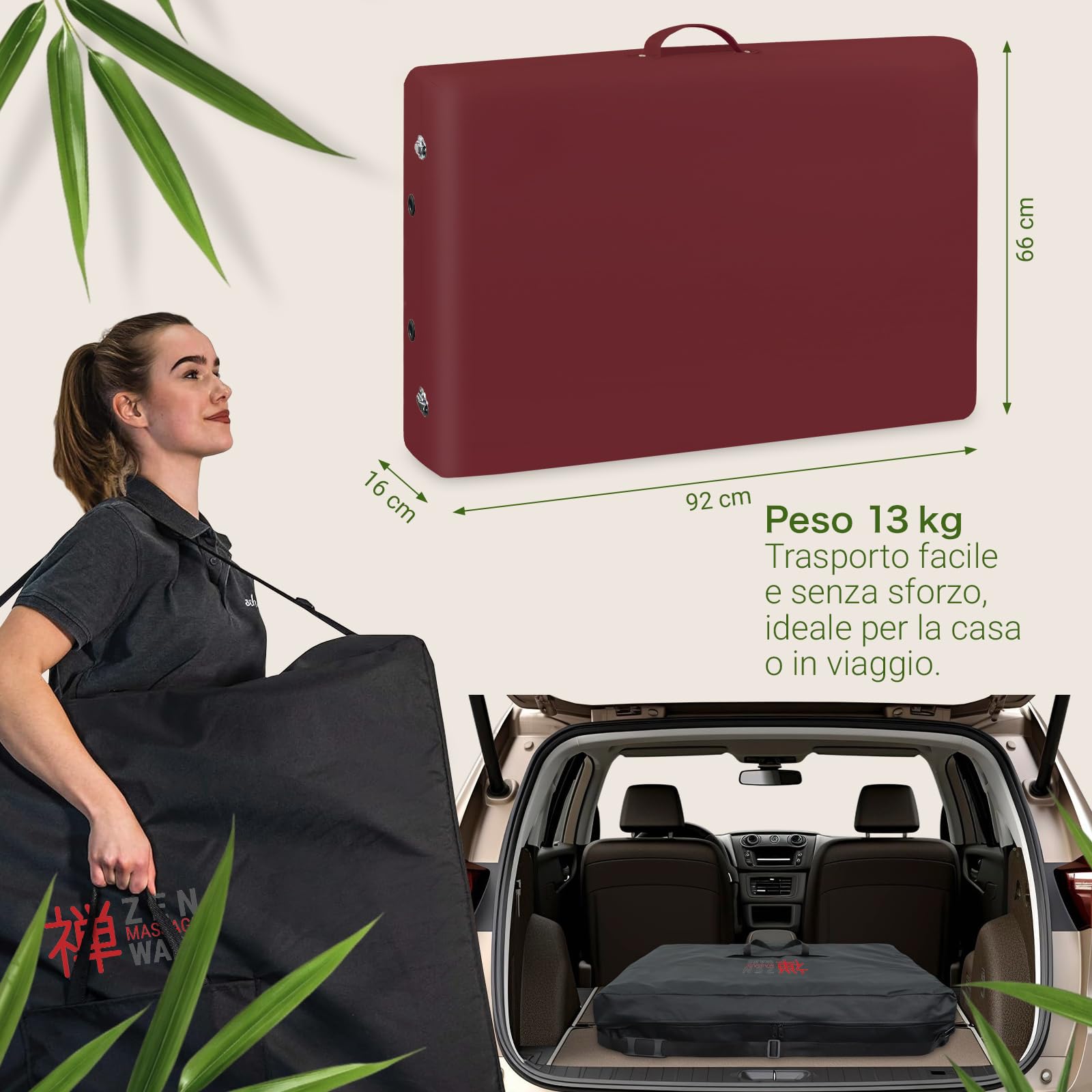 ZEN - Lettino massaggio mobile StartUp pieghevole & regolabile - tavolino massaggio legno massiccio stabile - panchina massaggio con poggiatesta, braccioli e borsa da trasporto regolabili (bordeaux)