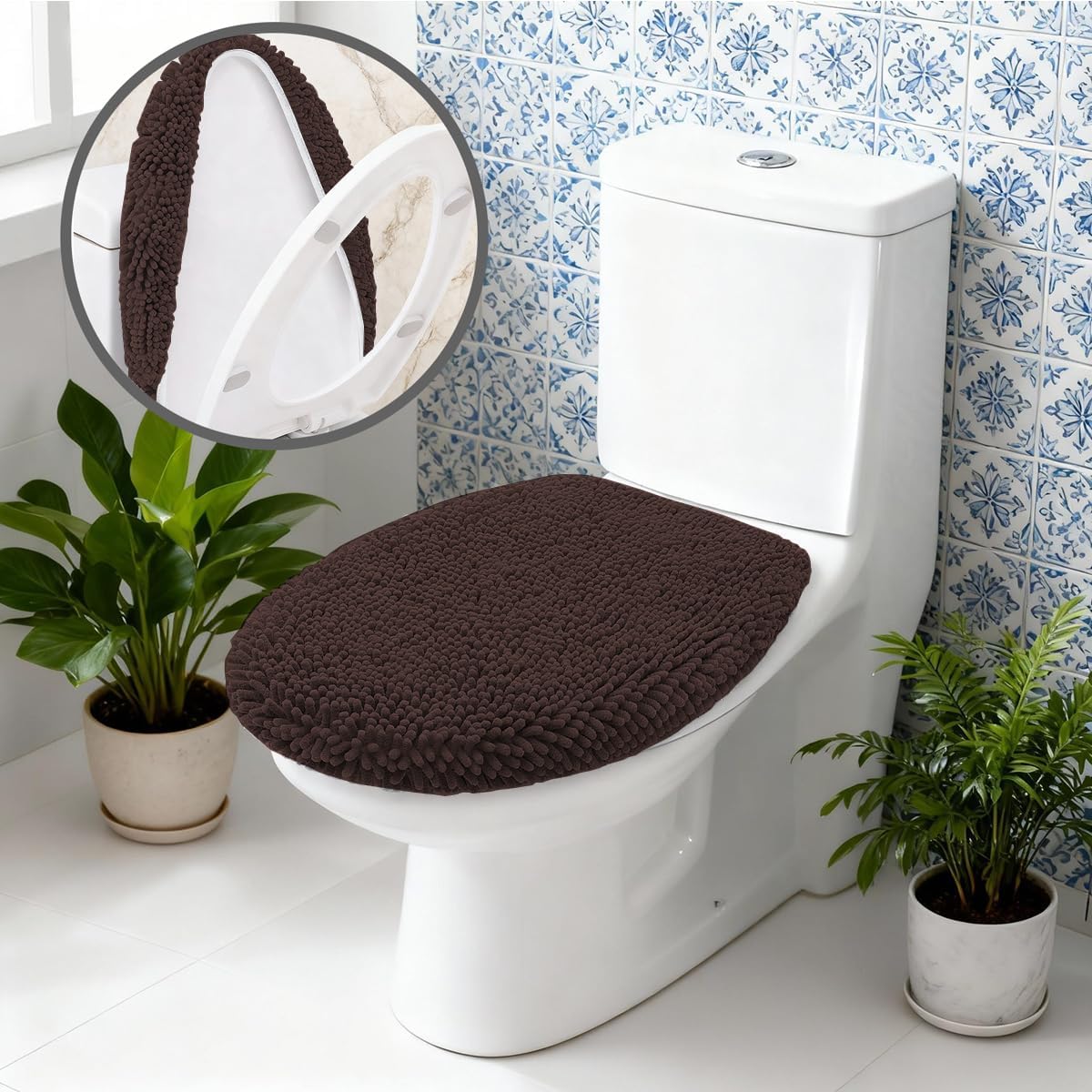 RUN HELIX Bathroom Toilet Lid Cover,Chenille Machine Washable Seat Covers, 17.5x15, Stays in Place Rubber Backing, Fits Most Round, Elongated and Oblong Lids, Accessories Decor,Brown