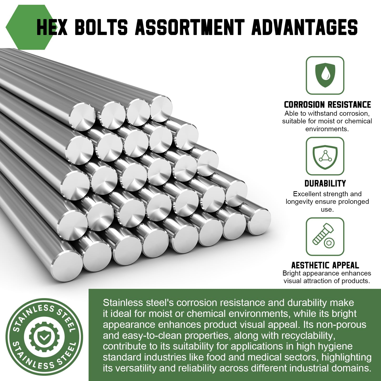 uxcell Hex Socket Bolts (1/2"-13x7/8"), 304 Stainless Steel Hex Socket Drive Screws, Silver Tone, 5 Pcs - Image 4