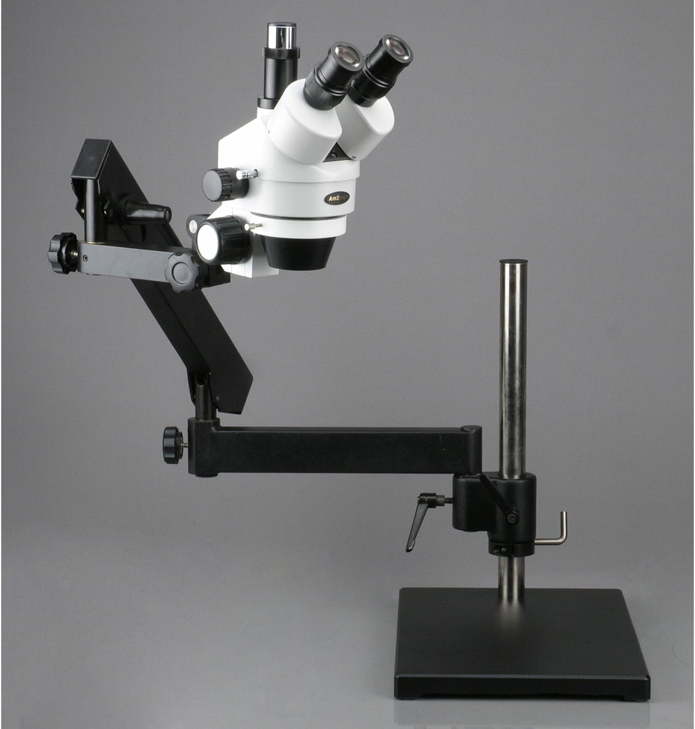Free Shipping 🛒 AmScope SM-7TX-FRL Professional Trinocular Stereo Zoom Microscope, WH10x Eyepieces, 3.5X-45X Magnification, 0.7X-4.5X Zoom Objective, 8W Fluorescent Ring Light, Articulating-Arm Boom Stand, 110V-120V, Includes 0.5x Barlow Lens