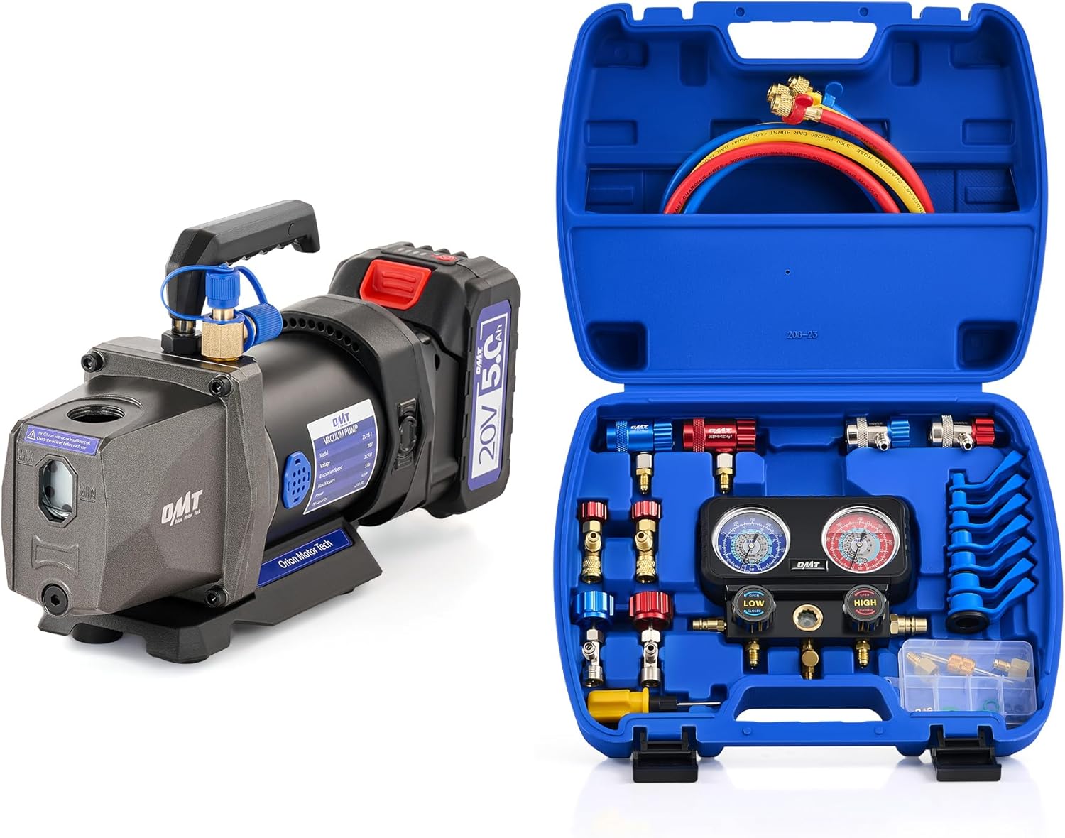 Orion Motor Tech 3 cfm Cordless Lithium-Ion HVAC Vacuum Pump & 3 Way Manifold Gauge Set for R1234yf R134a R410a Refrigerant, Bundle