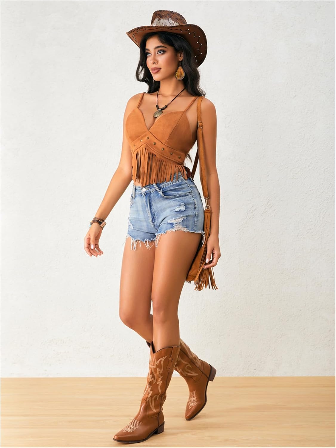 OYOANGLE Women's Y2K Fringe Sleeveless Spaghetti Strap Faux Suede Vintage Hippie Crop Top Blouse - Image 4