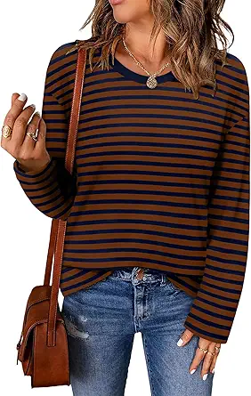 ONLYSHE Women's Casual Striped Long Sleeve Tops Crew Neck Knit Basic Loose Fit T Shirts Fall Fashion Tunic Outfits