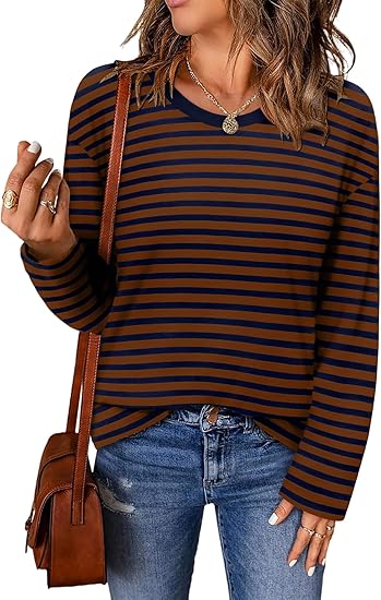 ONLYSHE Women's Casual Striped Long Sleeve Tops Crew Neck Knit Basic Loose Fit T Shirts Fall Fashion Tunic Outfits
