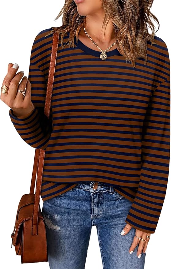 ONLYSHE Women's Casual Striped Long Sleeve Tops Crew Neck Knit Basic Loose Fit T Shirts Fall Fashion Tunic Outfits