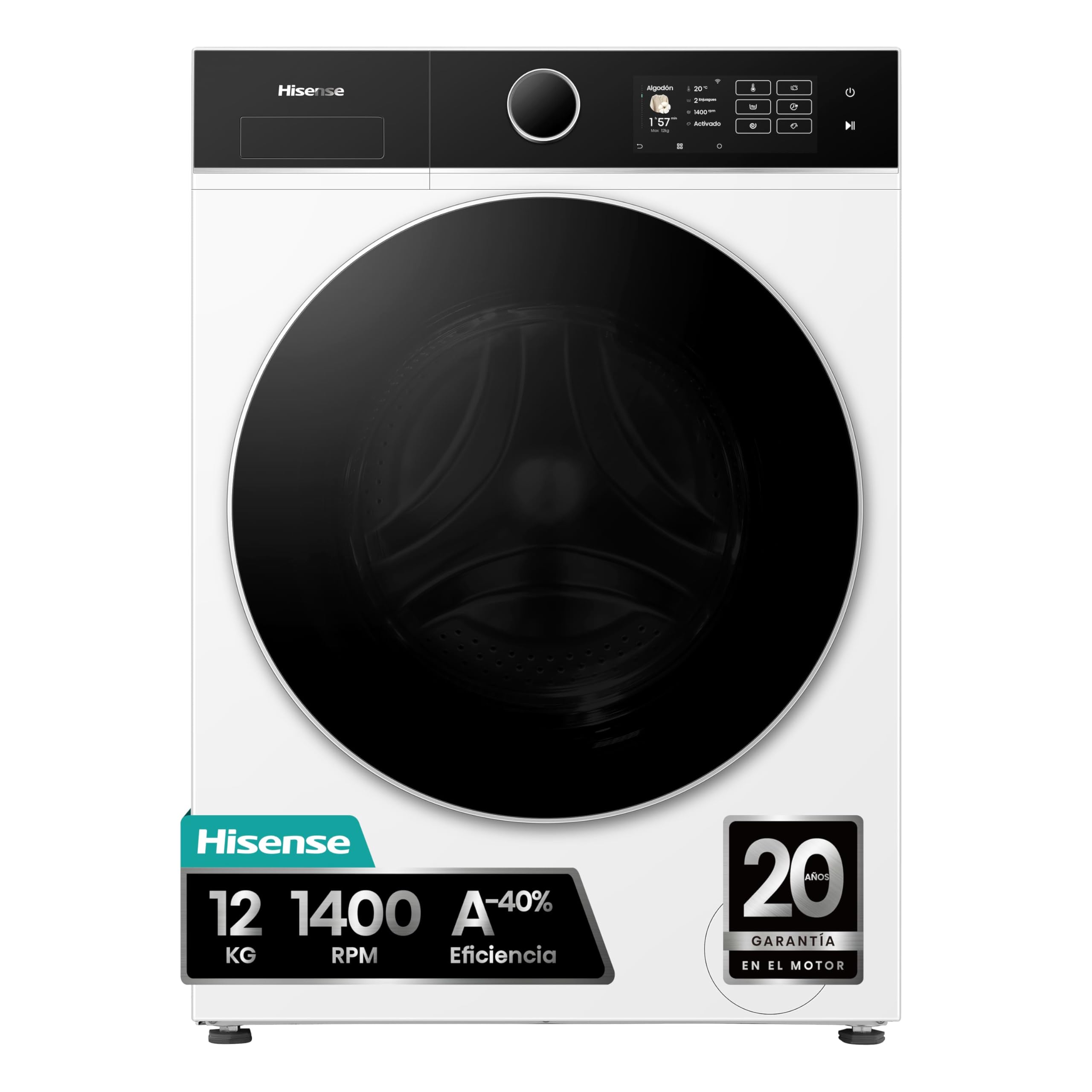 Hisense WF5I1245BWR - Lavadora 12 Kg, Clase A-40%, 1400 rpm, AutoDose, puerta cristal, fondo reducido 59,5cm, ancho 59,5cm, alto 84,5cm - Color Blanco