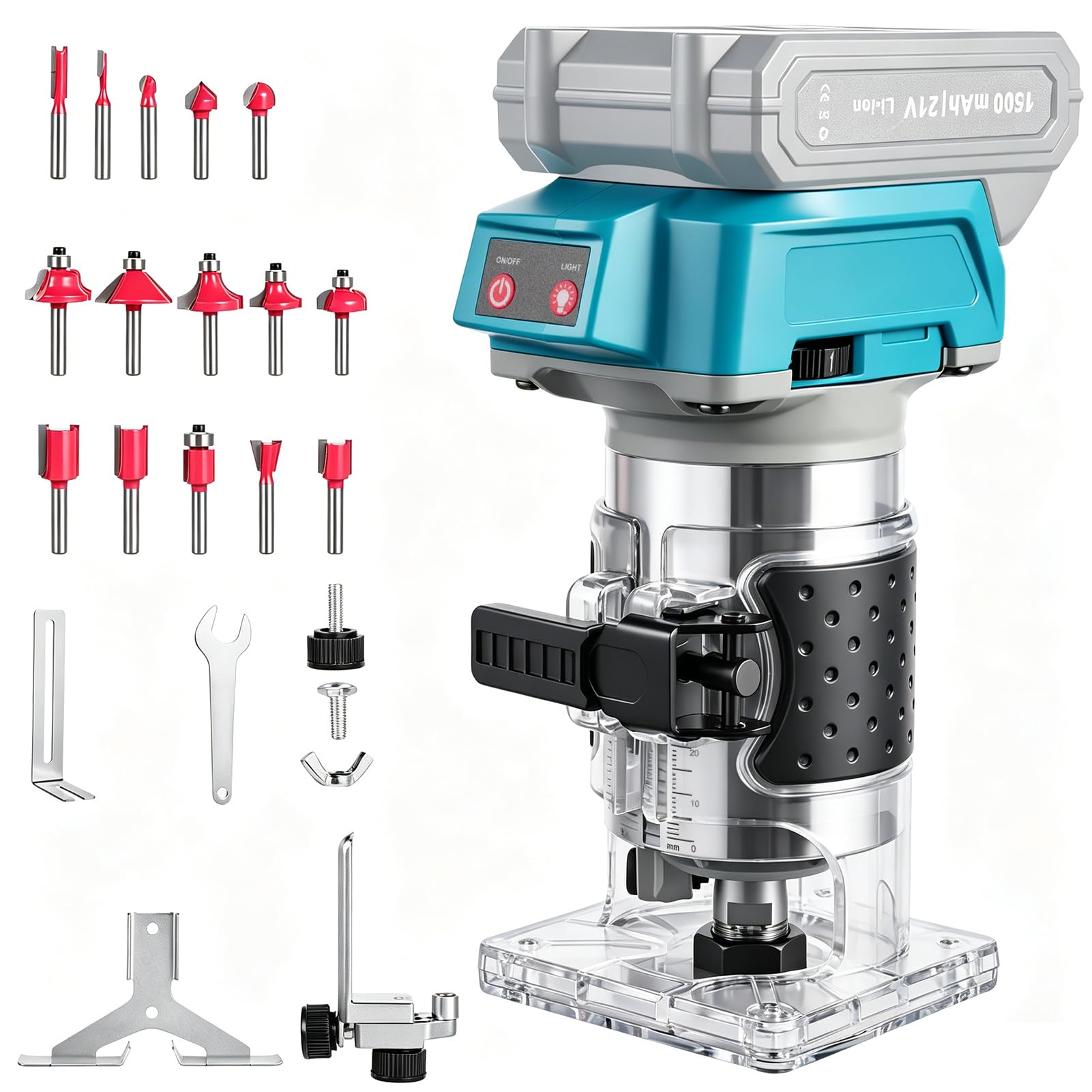 Fresadora con batería de 18 V, 6 niveles ajustables, fresadora de cantos con iluminación LED | Juego de fresas de 15 piezas, 6,35 mm, fresadora manual para proyectos de bricolaje, como tallado de madera y cortes