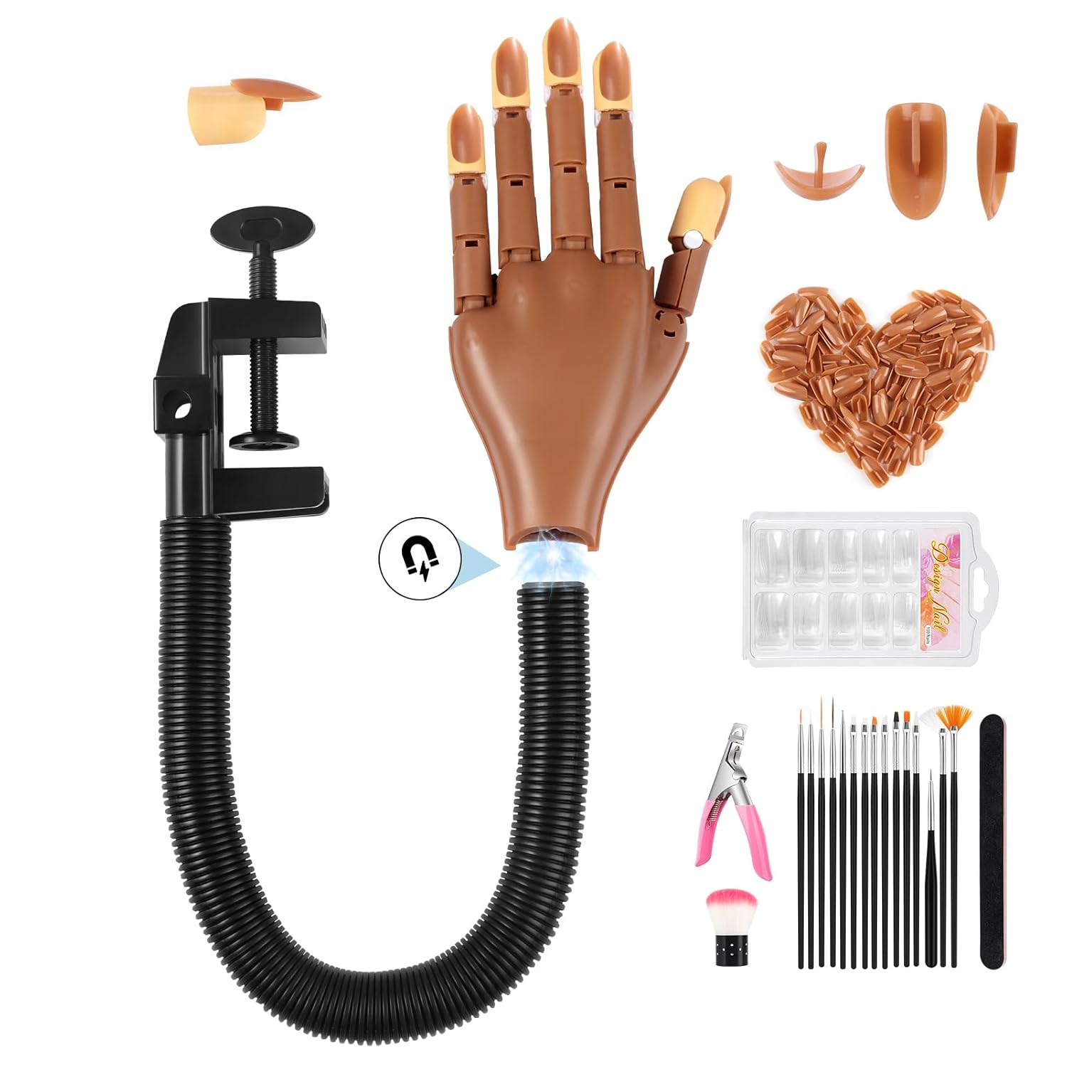Practice Hand for Acrylic Nails: Detachable Magnetic Practice Hand for DIY Nail Art - Realistic Flexible Fake Hand Manicure Training Finger at Home for Beginners Brown-Set