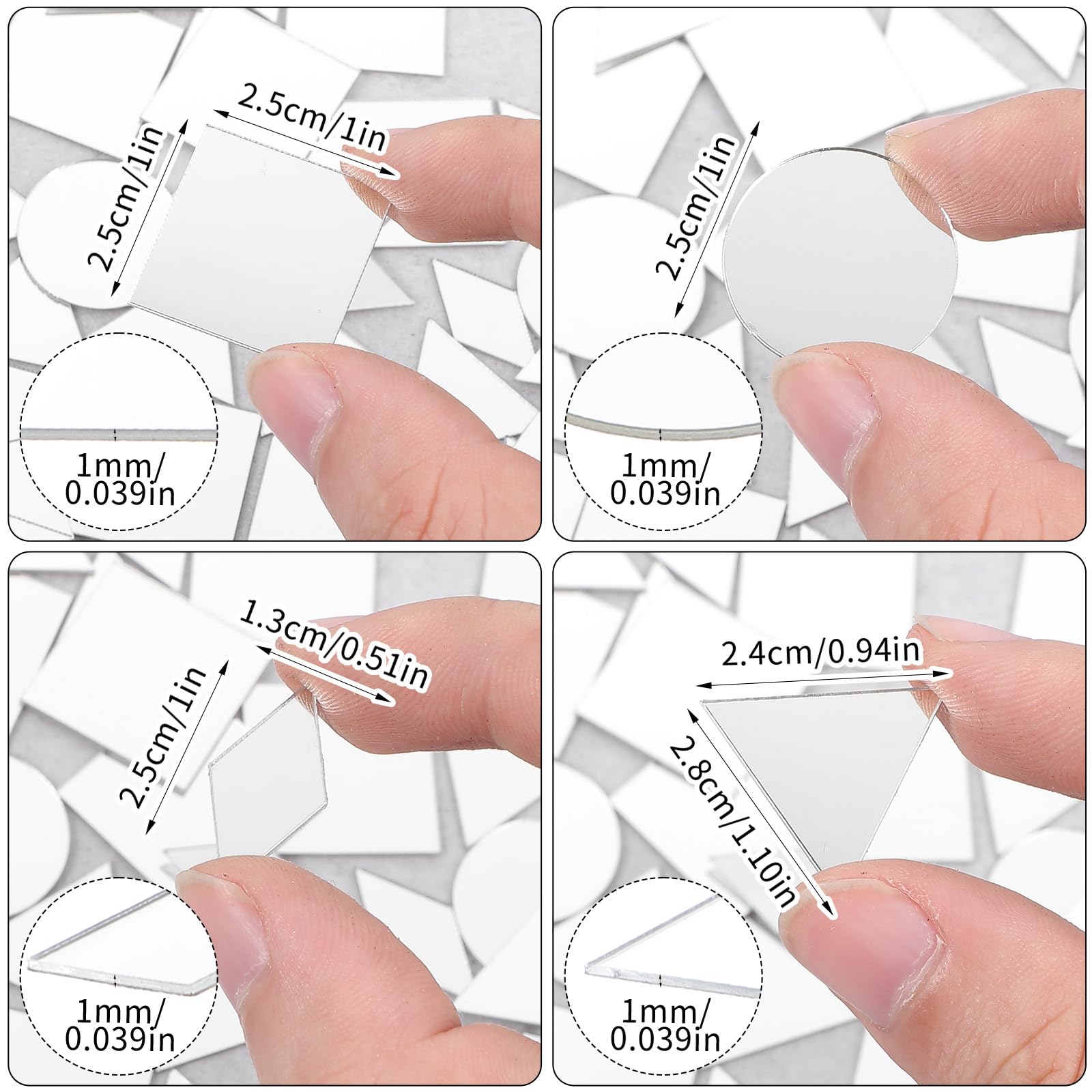 120 Pcs Small Mirrors for Crafts 1“ Mirror Mosaic Tiles Round Triangle Diamond Square Decorative Craft Mirrors, DIY Tiles Mirror Pieces for Crafts Art Wall Home Jewelry Frame