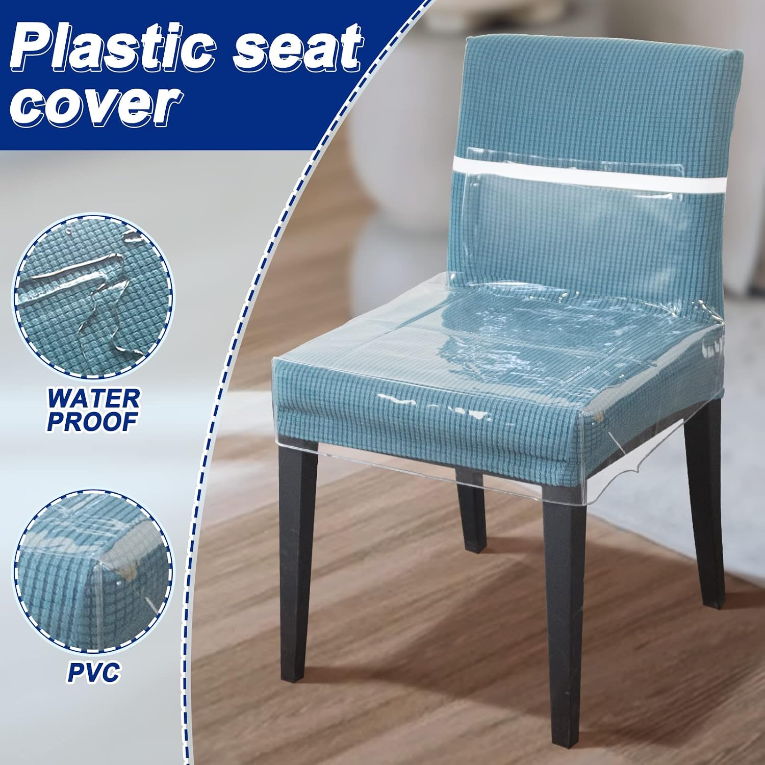 Pakoula 4 Pack Plastic Chair Covers 18x17 inches with Adjustable Velcro Anti-cat Scratch Waterproof PVC Dining Chair Protectors Cover Clear Plastic Seat Covers for Dining Room