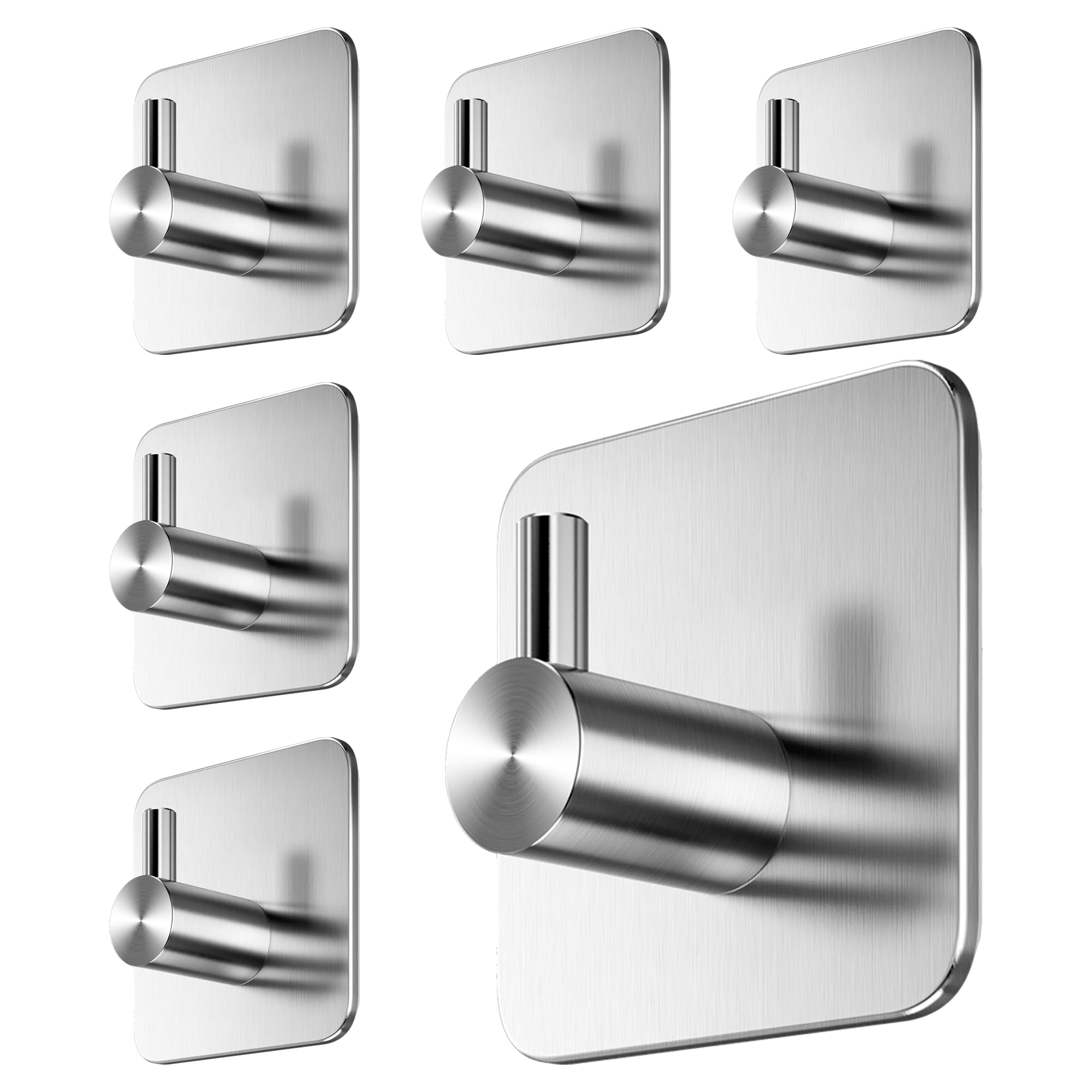 Menz Self Adhesive Hooks Towel Holder No Drilling – Set of 6 Self-Adhesive Hooks as Towel Rails Bathroom Stainless Steel Waterproof, Tea Towel Holder Soft Silver