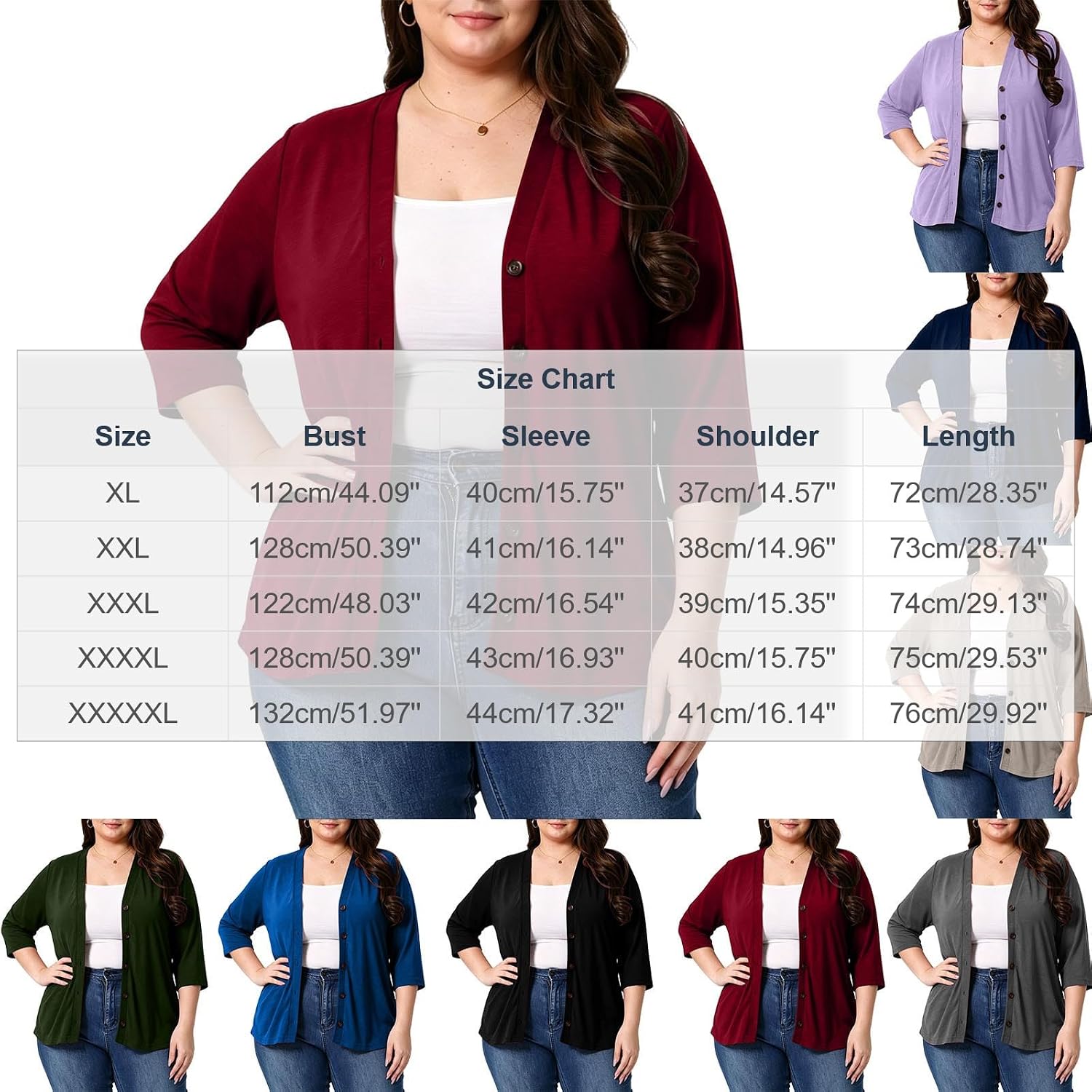 Oplxuo Women's Plus Size 3/4 Sleeve Cardigan V Neck Full Button Front Loose Fit Tunic Tops Fall Office Daily Soft Cover Up