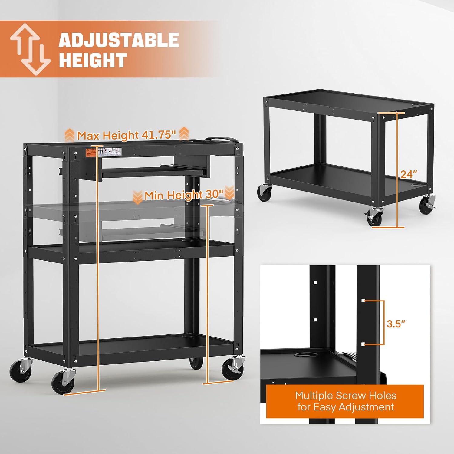 Extra Large 3 Tier Rolling Cart with Power Strip - Heavy Duty Utility Cart Rolling Computer Cart - 14 Gauge 2mm Durable Utility Cart - Supports Up to 300 LBs (34'' x 18'' x 41.75'')