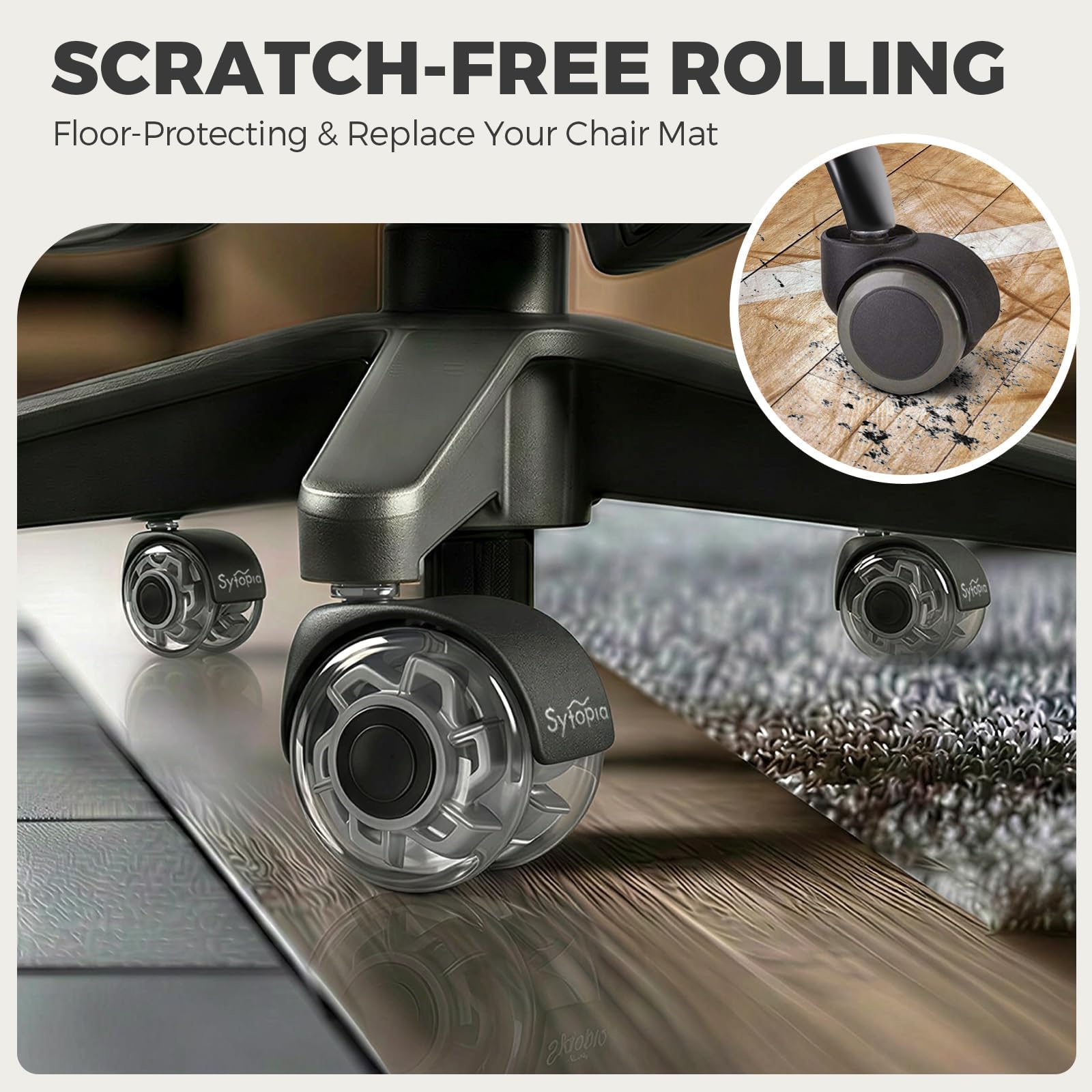 Sytopia Ruedas para silla de oficina con pasador de 11 x 22 mm, juego de 5 ruedas giratorias para suelos de madera dura, alfombras, laminados y azulejos, reemplazo de alfombrilla de silla de oficina,