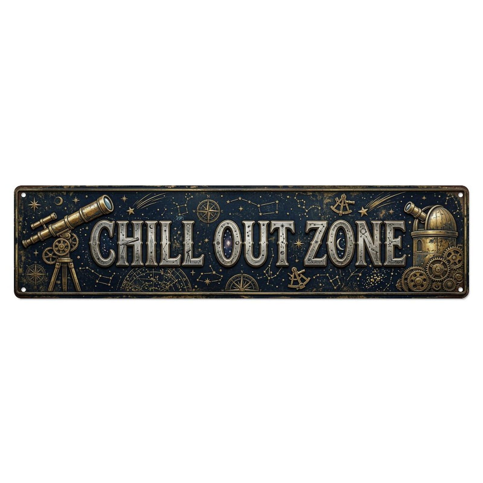 Chill Out Zone Worn Observatory 7 Metal Tin Skinny Sign Plaque Wall Decor for Cafe, Club Bar, Office, Home Garden Metal Poster 4x16Inch