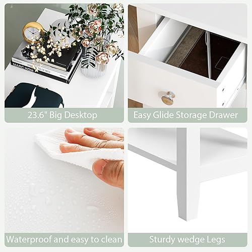 Miniatura 5 de POWERSTONE Juego de 2 mesas auxiliares con cajón de almacenamiento y estante de 2 niveles, estantería de mesa auxiliar de 23.6 pulgadas para