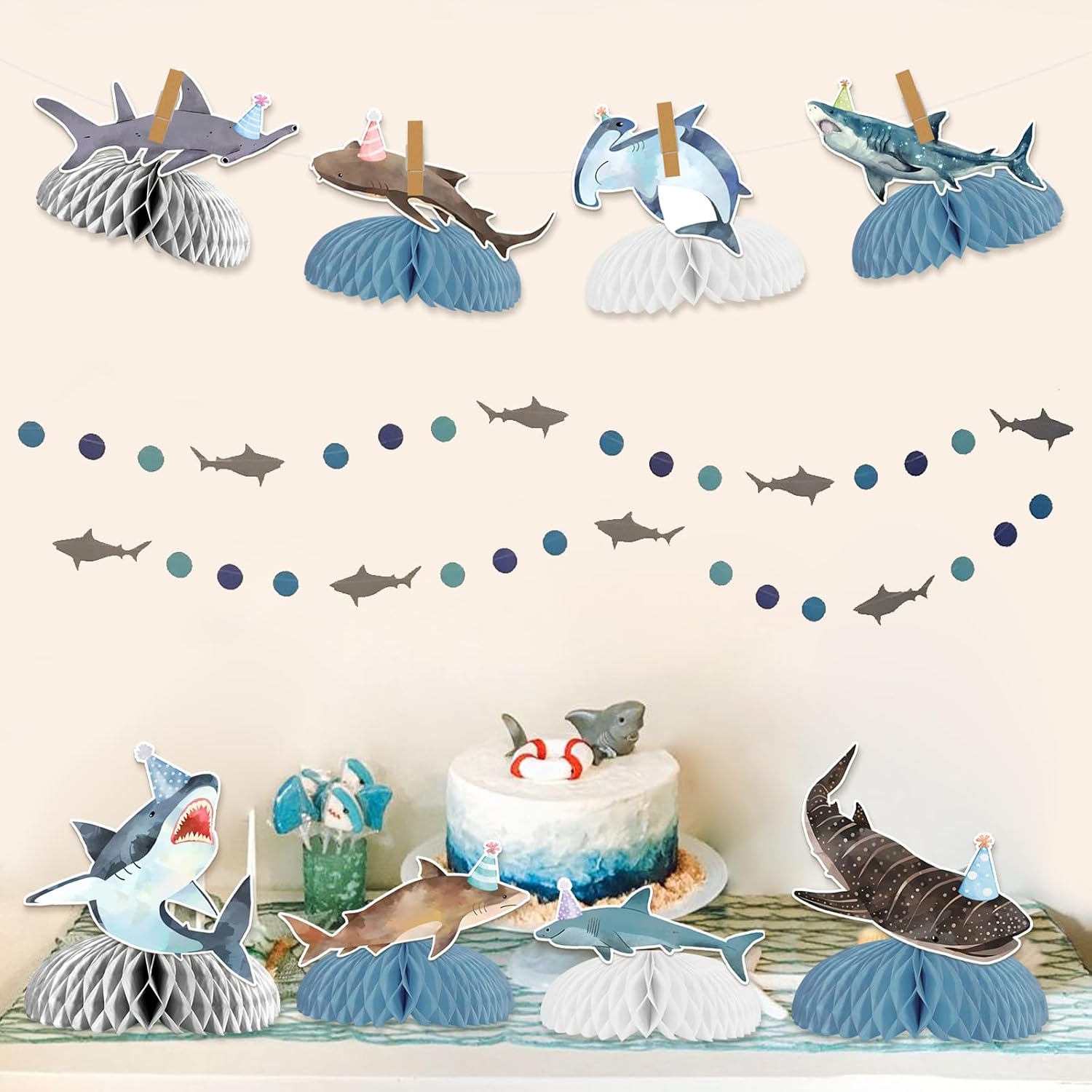 TWO WILD Shark Birthday table Decorations Shark Honeycomb Centerpieces Under the Sea Shark Birthday Party Decorations Ocean Theme Shark Baby Shower Decorations Underwater Theme Party Supply