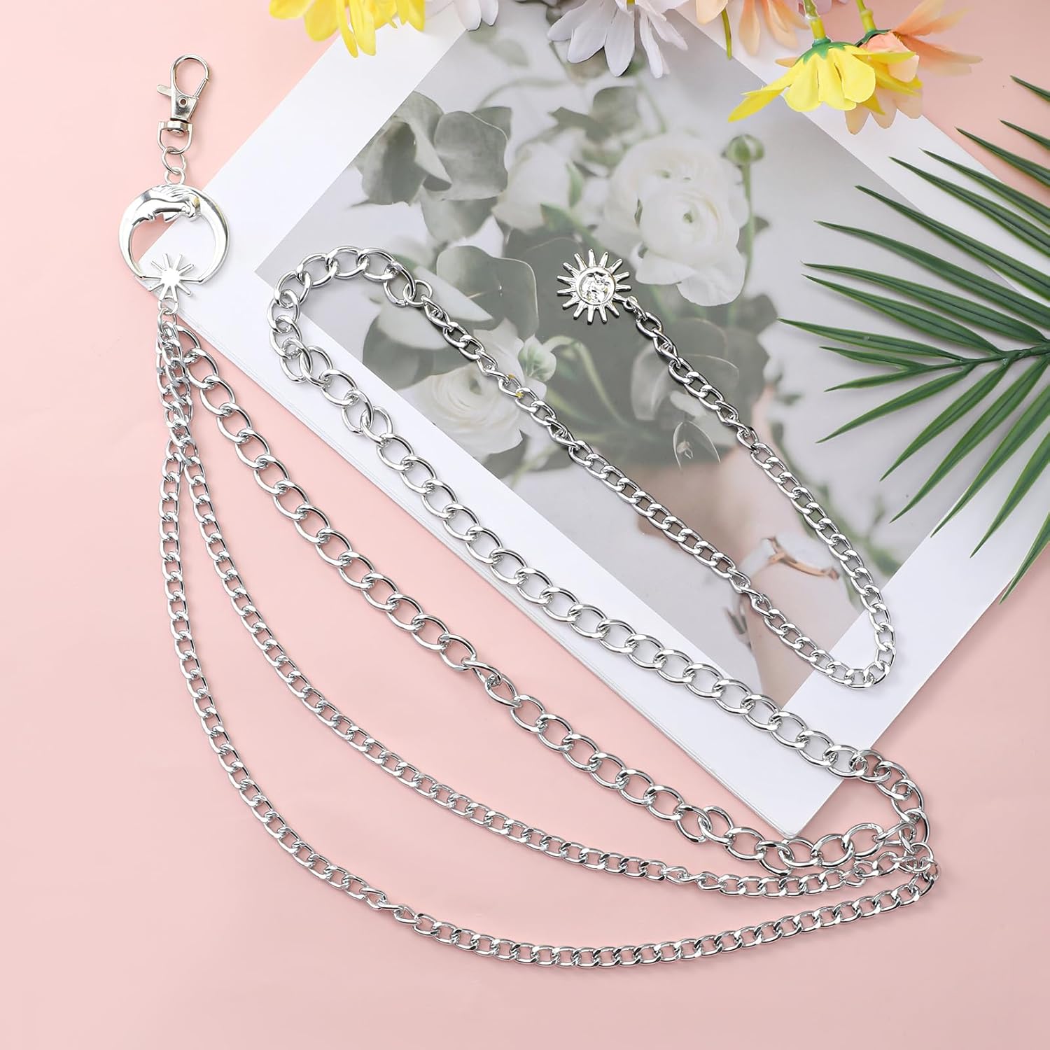 Multilayer Metal Silver Waist Chain Belt, Silver Belly Chains for Women, Moon & Sun Belt Adjustable Belly Body Chain Jewelry for Dresses, Jeans, Trouser - Image 4