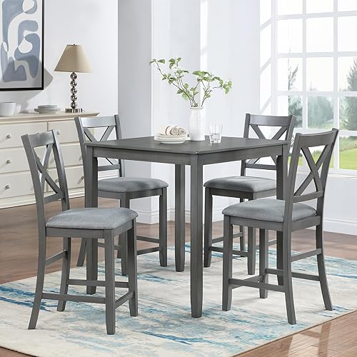 KEIKI Juego de mesa de comedor de 5 piezas de alto mostrador con mesa cuadrada y 4 sillas tapizadas con respaldo en forma de X, para 4 personas,