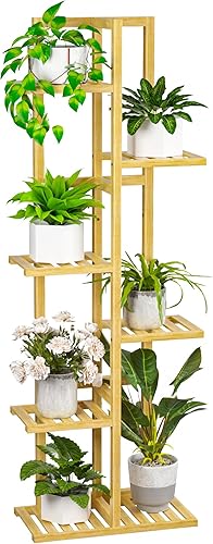 Soporte de bambú de 6 niveles para plantas de interior, soporte alto de madera para flores, estante de esquina para múltiples plantas (natural)