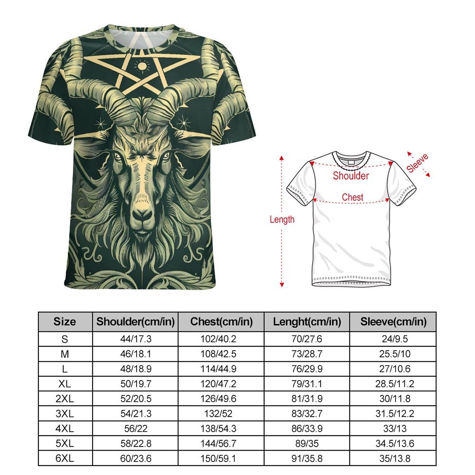 Goat Head and Pentagram Symbol Unisex Adult T-Shirts Summer Short Sleeve Tee Casual Tops Funny Graphic 2XL
