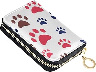 OTVEE Dog Paw Print RFID Credit Card Wallet, Microfiber Leather Zipper Card Case Holder for Women