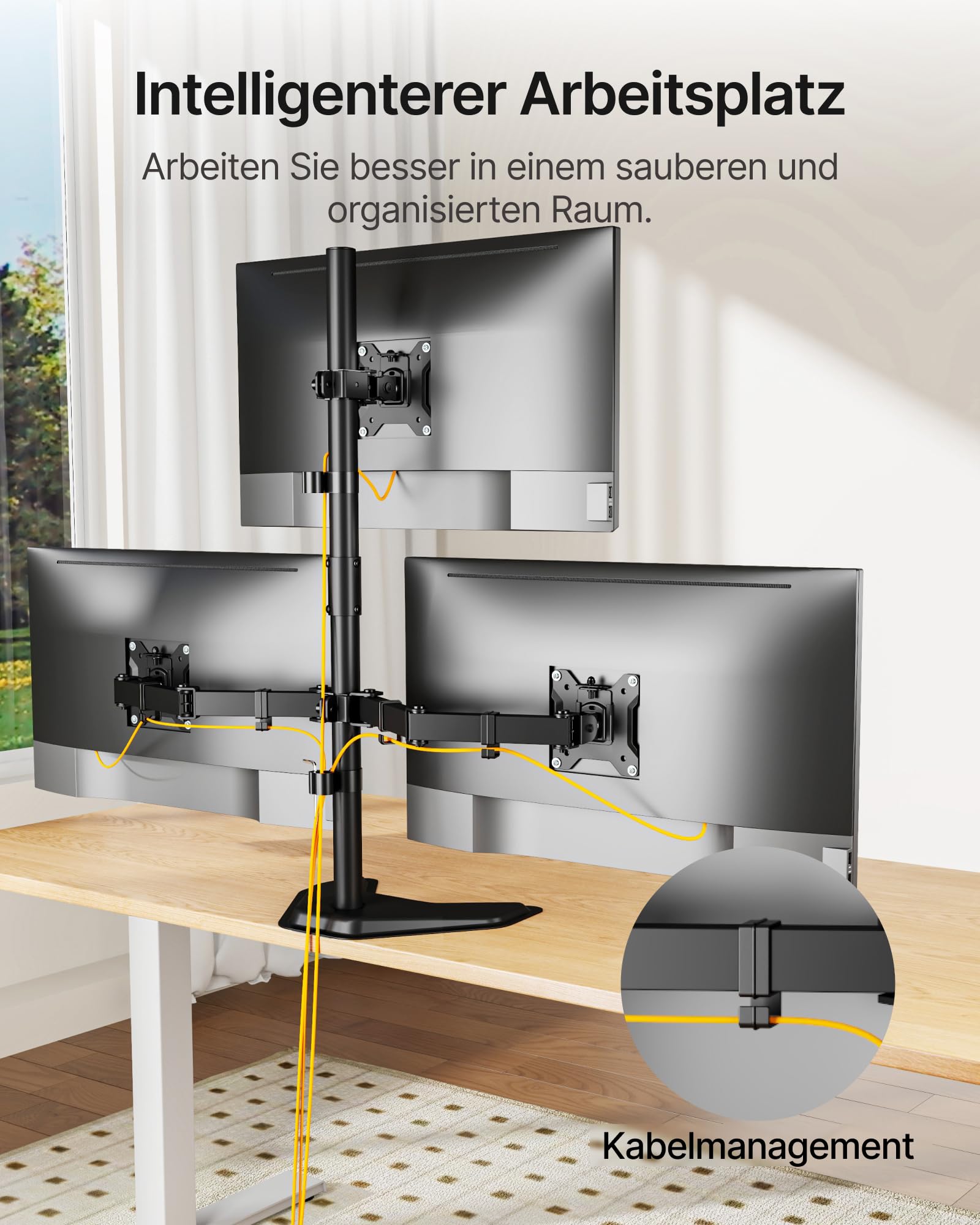 monTEK Soporte de monitor triple estable, soporte de escritorio totalmente ajustable para 3 pantallas de hasta 17 a 32 pulgadas cada una con capacidad de carga de 22 libras por brazo, base estable