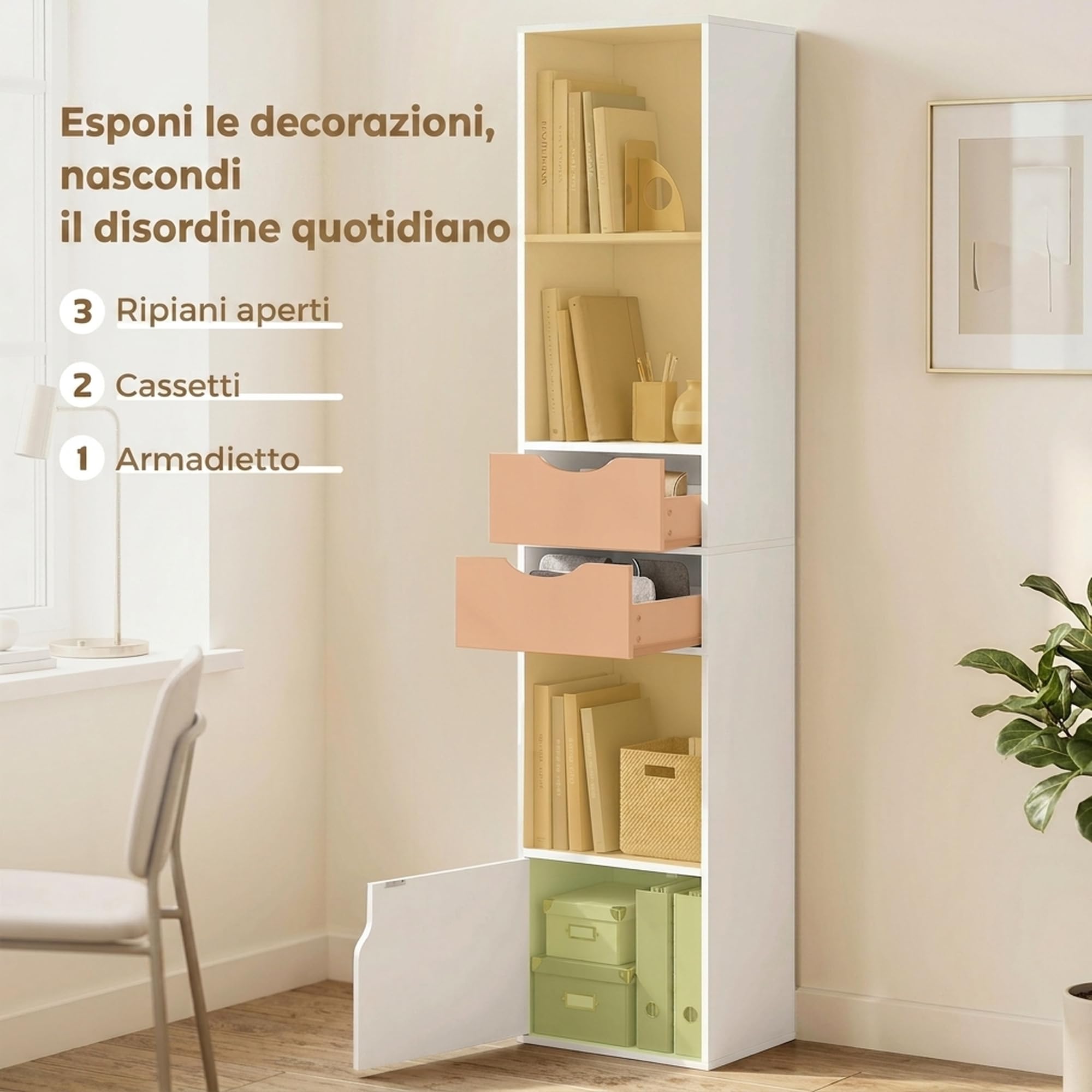HOMCOM Libreria Scaffale Slim a 3 Ripiani Aperti, 30x24x158 cm Bianco | Cassetti, Libreria Verticale Salvaspazio, Mobile Portaoggetti con Ante e Ripiano Regolabile, Soggiorno Studio Ufficio