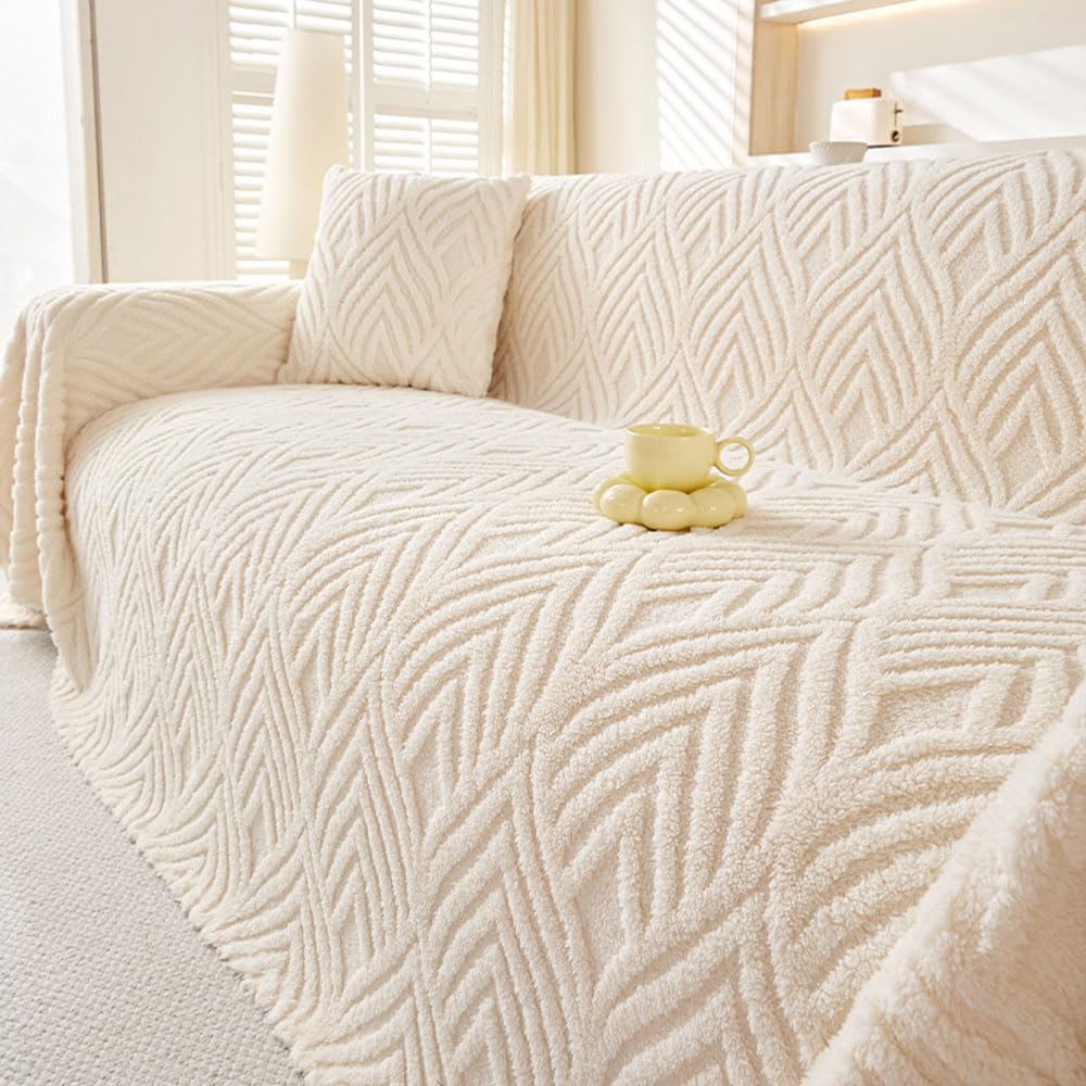 Copridivano universale invernale felpato per divani da 1 a 4 posti, accogliente, multiuso, 180 x 420 cm, color crema, elegante e resistente al calore.
