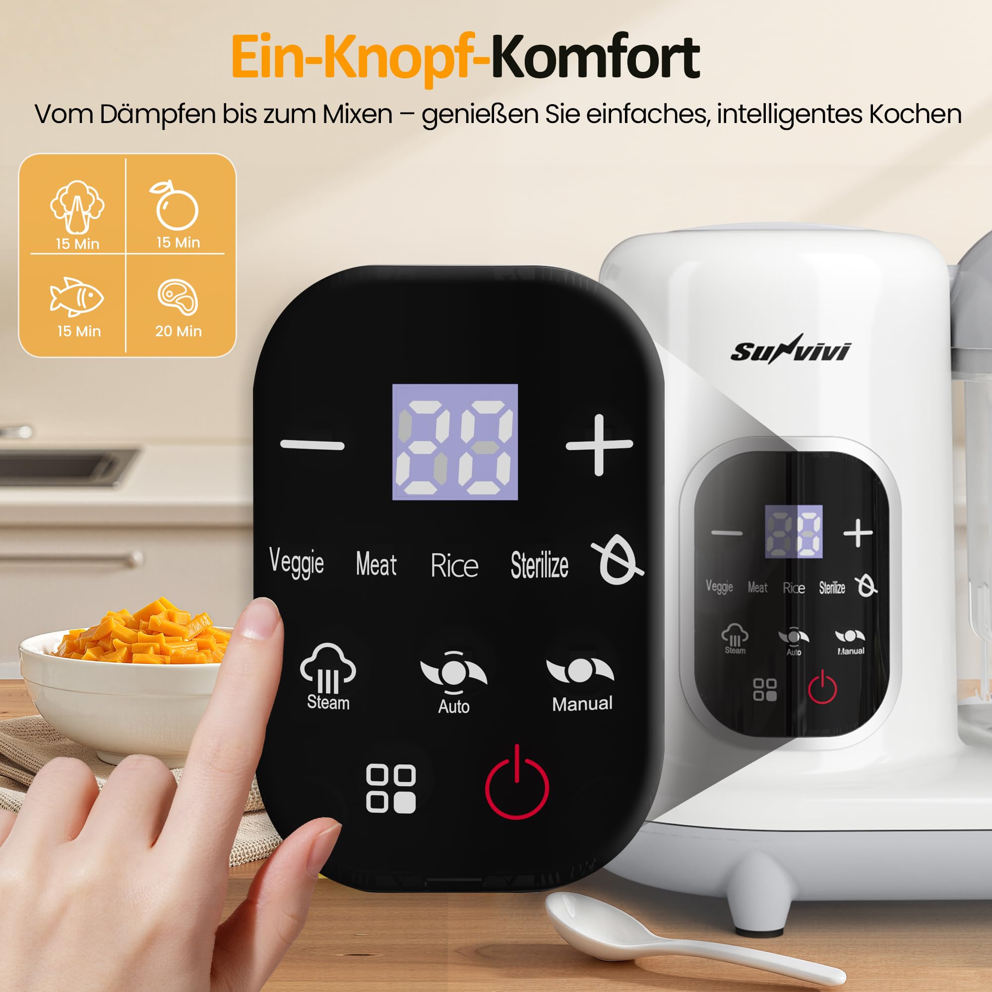 Sunvivi Babynahrungszubereiter 8-in-1 mit Dampfgarer und Mixer, 350g Große Kapazität Baby Food Maker, Multifunktionaler Babybrei Zubereiter mit LCD-Display, Sterilisator, Wärmer und Auftaufunktion