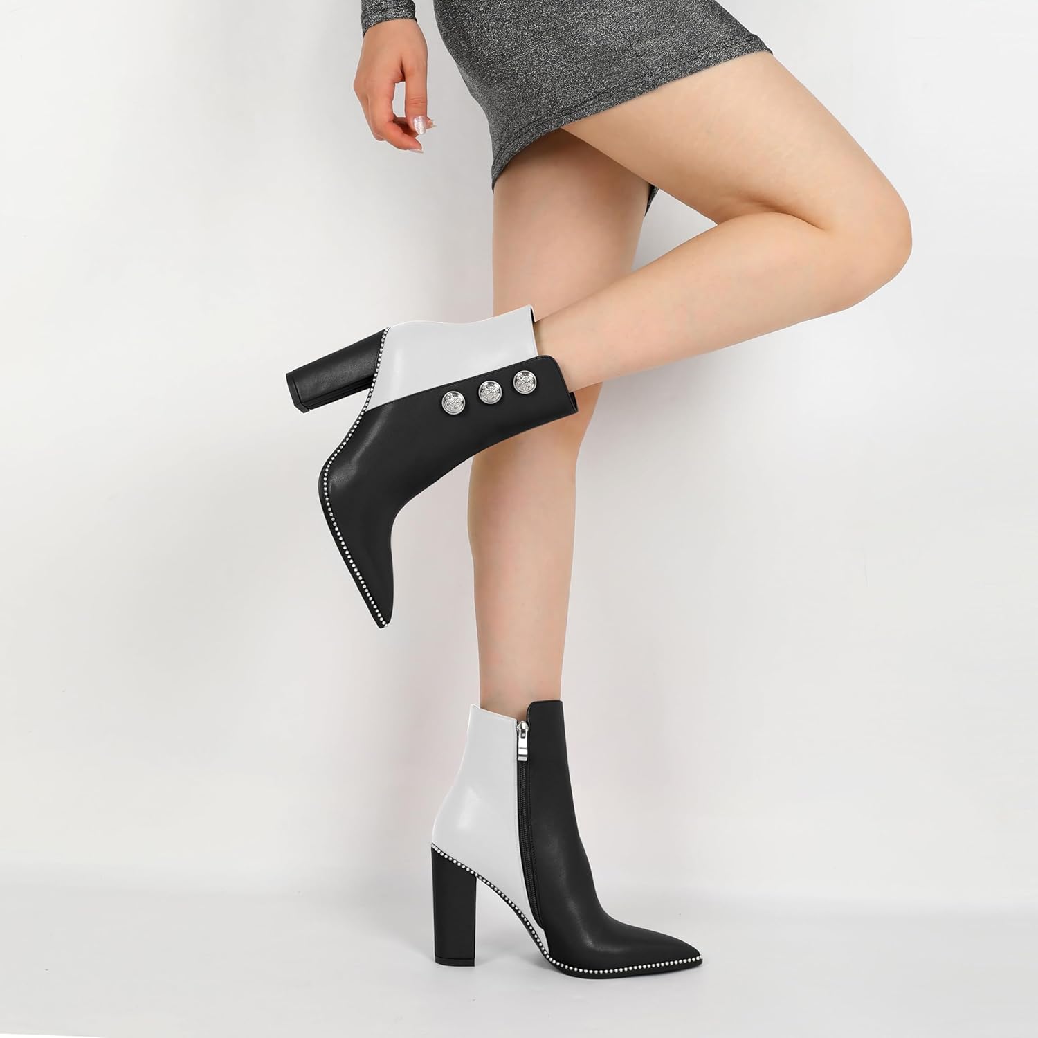 Joseywade Womens Ankle Booties 3.7 Inch Heel Chunky Boots Buttons Beaded Pointed Toe Side Zipper Boots Size 5-13