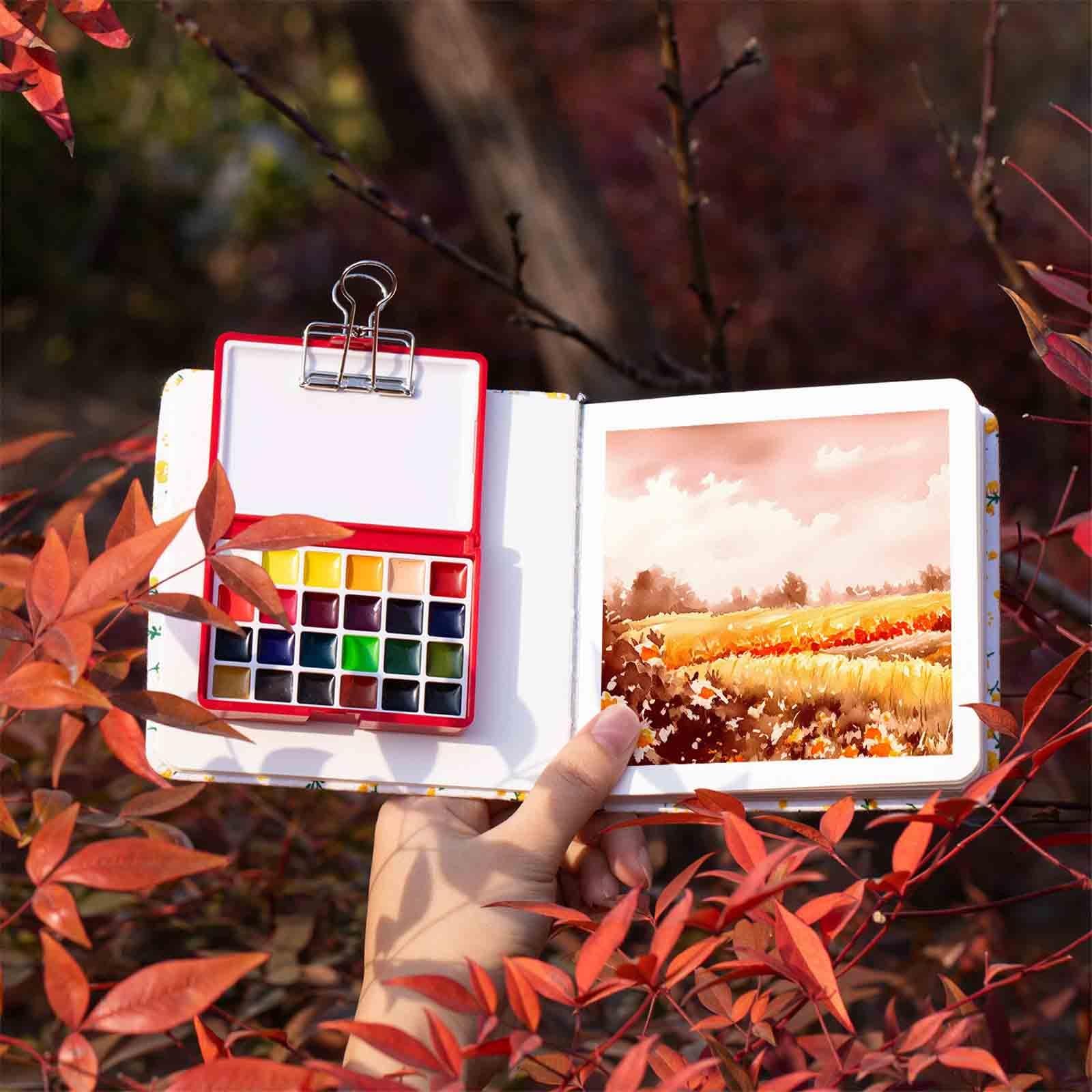 Anfänger Aquarellfarben Tragbar 12/24 Farben Mini Aquarell Set All-In-One Für Kunst Studenten Pocket Aquarell Set Solid Für Camping(Blue-24 colours-4pcs A)