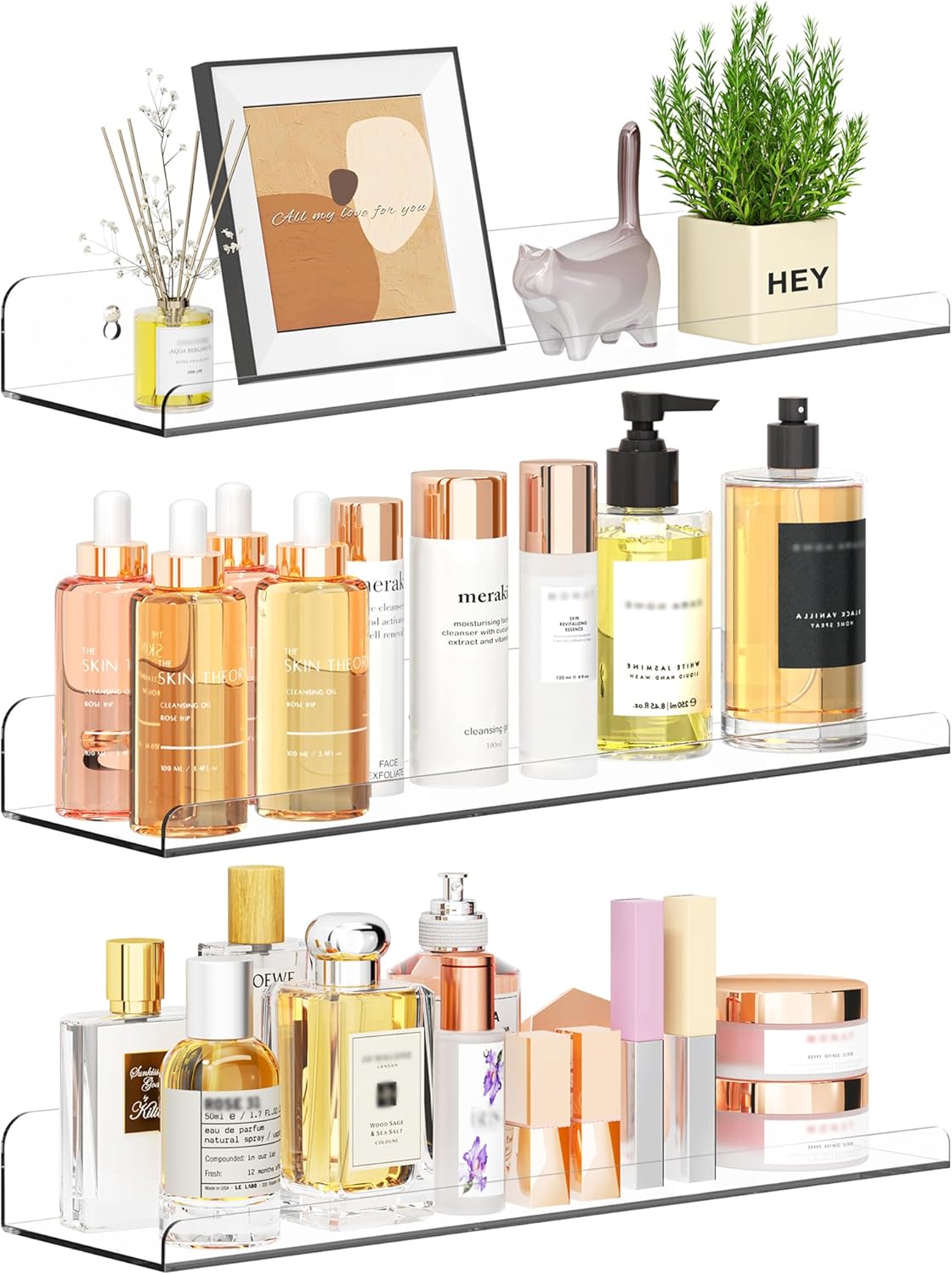 QukakaHomeCare 15" Clear Floating Wall Shelves 3-Pack - Invisible Organizer for Bedroom, Kitchen, Nail Polish, Books, Makeup & Decor