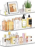 QukakaHomeCare 15" Clear Floating Wall Shelves 3-Pack - Invisible Organizer for Bedroom, Kitchen, Nail Polish, Books, Makeup & Decor