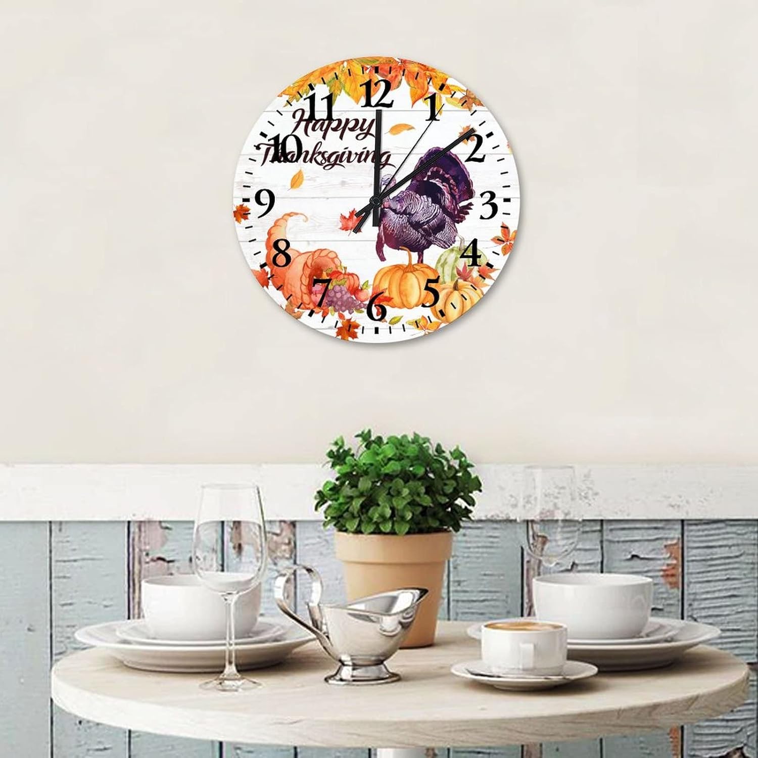 15 Inch Happy Thanksgiving Day Funny Turkey with Pumpkins Maple Leaves Wood Wall Clock Silent Non Ticking Welcome Halloween Thanksgiving Office Decor for Men Round Clock for Living Room Office