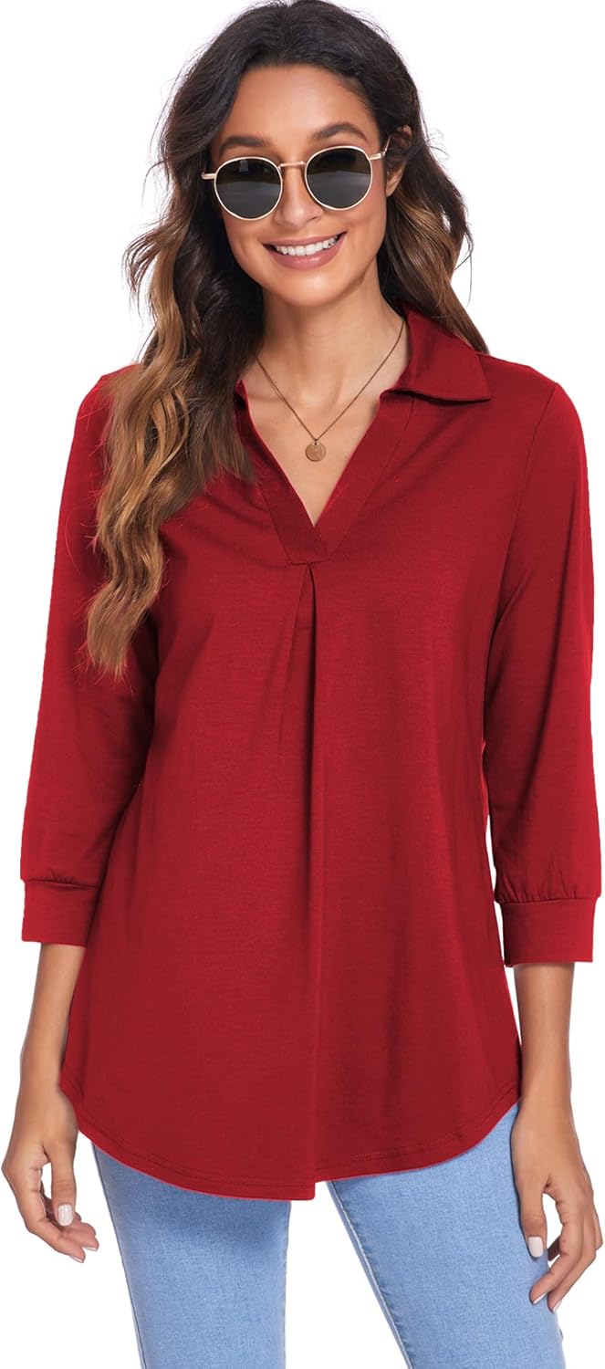 Newchoice Womens Collared V Neck 3/4 Sleeve Shirts Business Casual Tops Loose Work Blouses (M-3XL) - Image 8