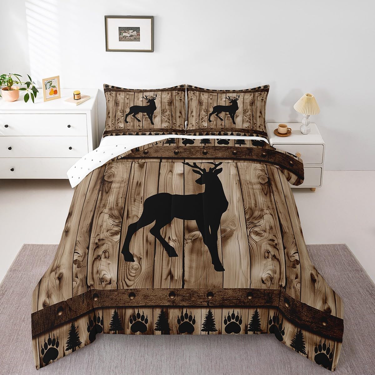 Deer Comforter Set Queen Size,Rustic Farmhouse Wood Board Quilt Set 3Pcs,Wildlife Hunting Bedding Set for Kids Teens Adult Room Decor,Brown Black Bear Pine Print Duvet Insert,2 Pillowcases